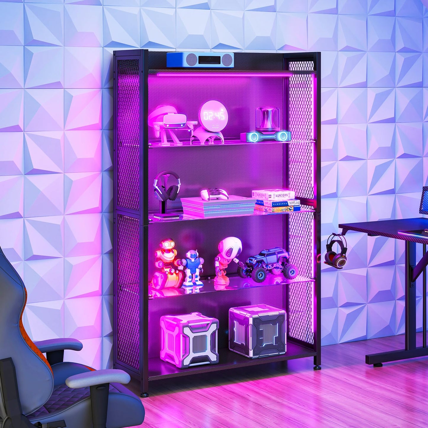 MOTPK Display Cabinet with LED Lights, Display Case with Glass Storage Shelves, 4-Tiers Curio Cabinet for Collectibles, Display Shelf Carbon Fiber Texture Black 32inch