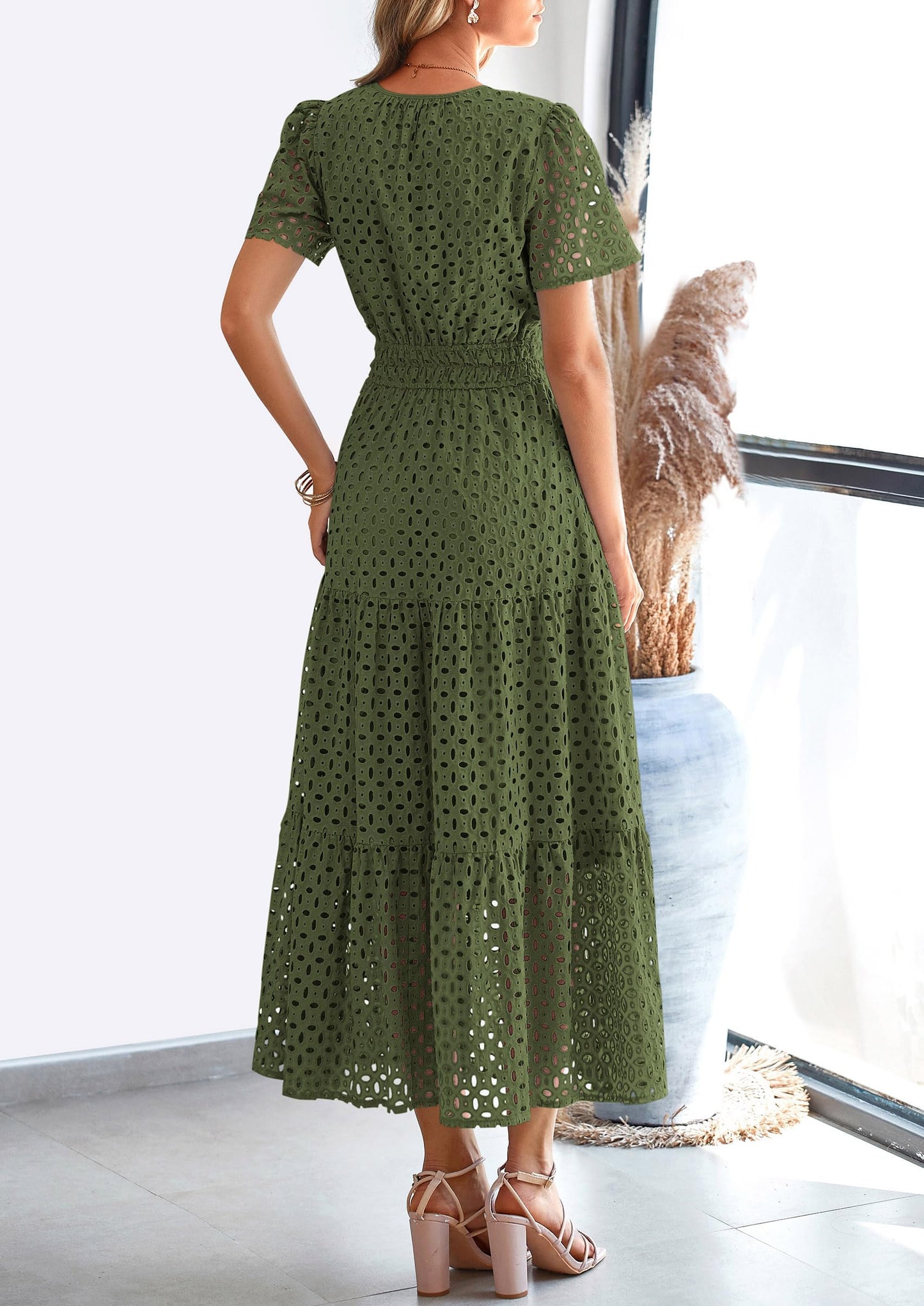 PRETTYGARDEN Womens 2025 Summer Maxi Dress Short Sleeve V Neck Hollow Out Eyelet A Line Long Flowy Beach Vacation Dresses (Army Green,Medium)