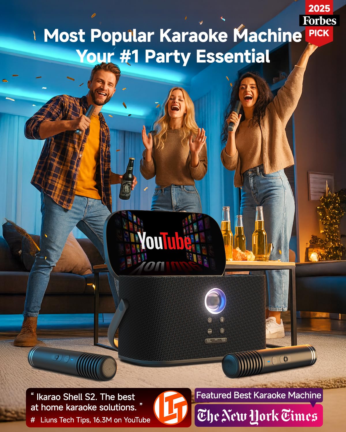 Ikarao Portable Karaoke Machine for Adults, Built-in Lyrics Display and Screen, 2 Self-Charging Wireless Microphones, Karaoke App, 140W Speaker, Connects to TV for Home Party Birthday Outdoor Camping
