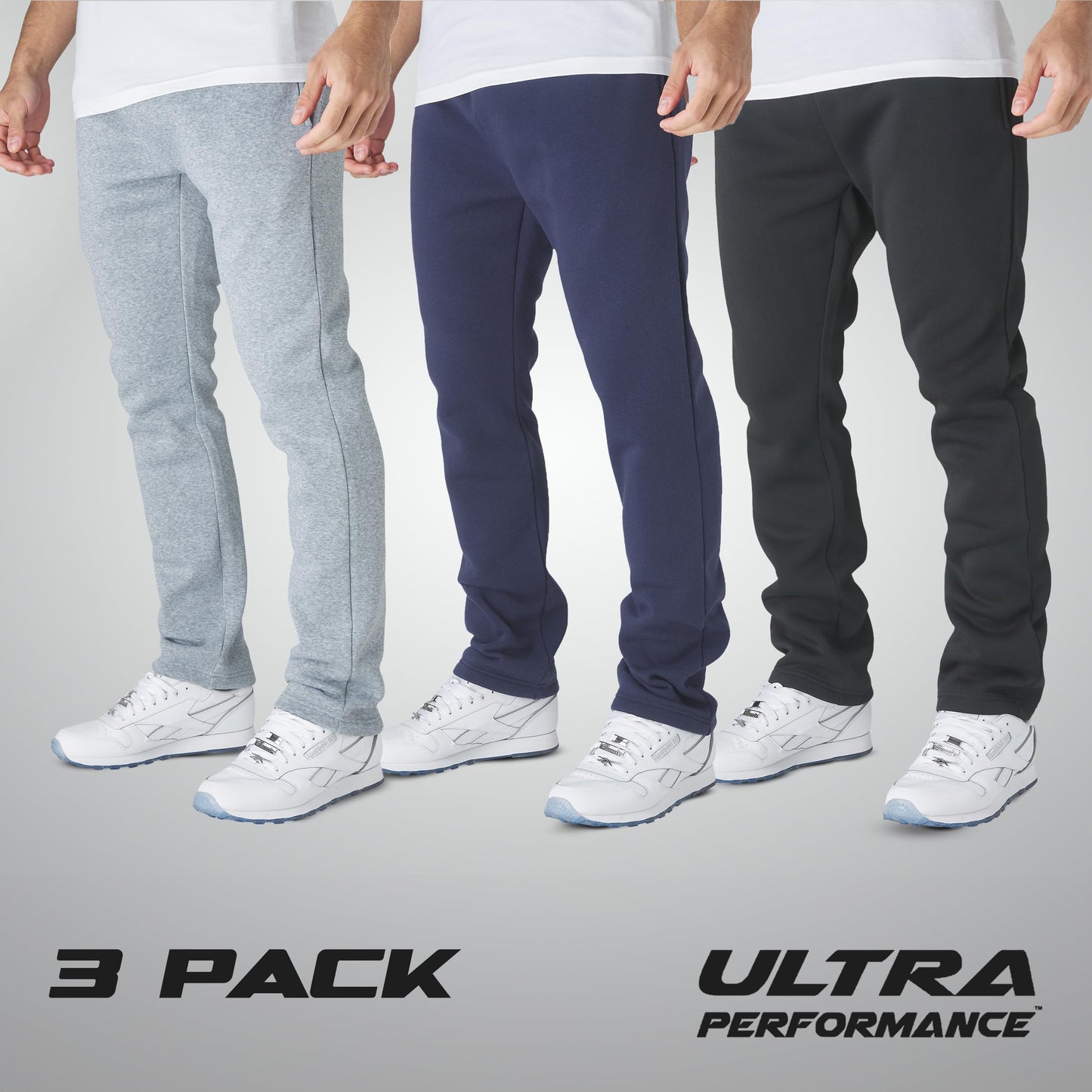 Ultra Performance 3 Pack Mens Fleece Wide Leg Sweatpants with Pockets, Open Bottom Workout Sweatpants for Men