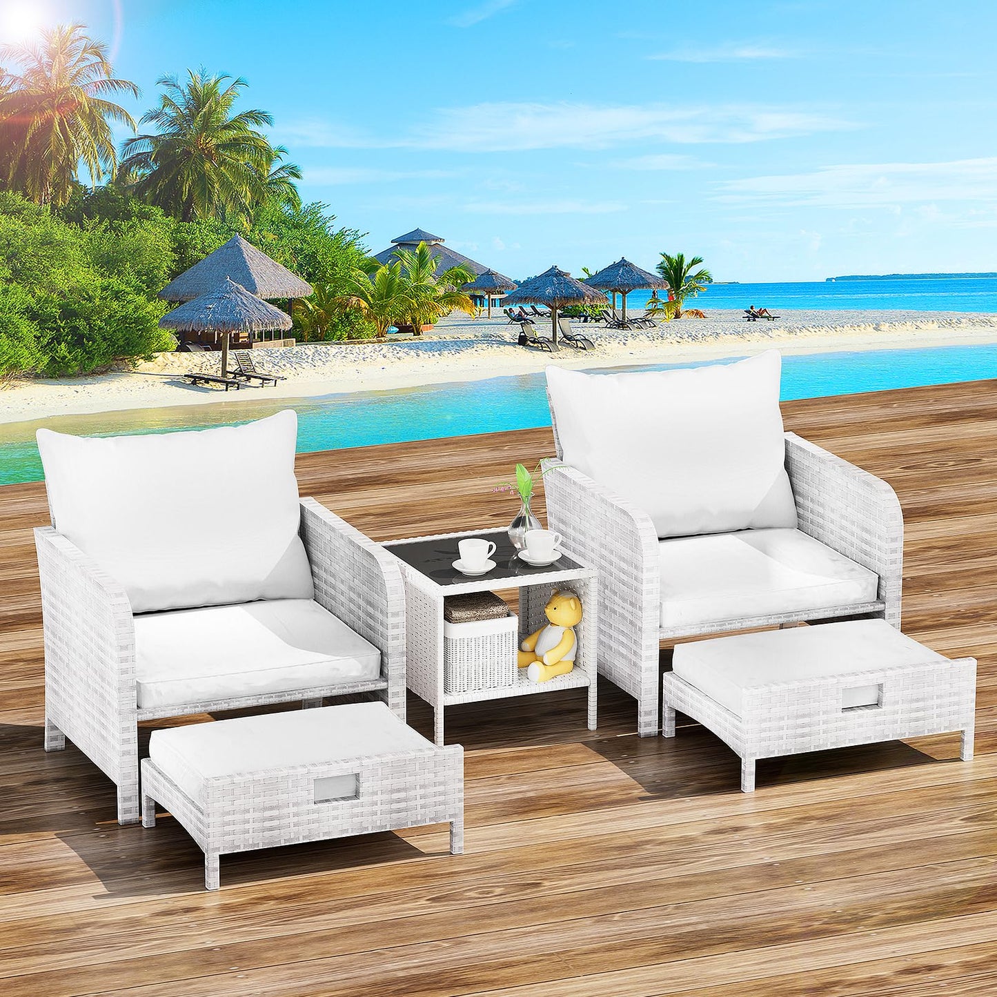 LEVELEVE Balcony Furniture 5 Piece Patio Conversation Set, PE Wicker Rattan Outdoor Lounge Chairs with Soft Cushions 2 Ottoman&Glass Table for Porch, Lawn-Grey Wicker