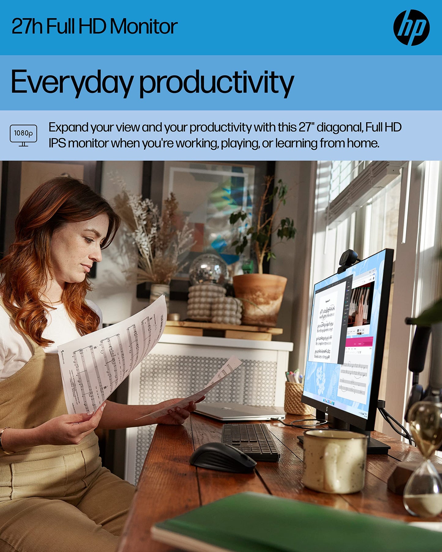 HP 27h Full HD Monitor - Diagonal - IPS Panel & 75Hz Refresh Rate - Smooth Screen - 3-Sided Micro-Edge Bezel - 100mm Height/Tilt Adjust - Built-in Dual Speakers - for Hybrid Workers,Black