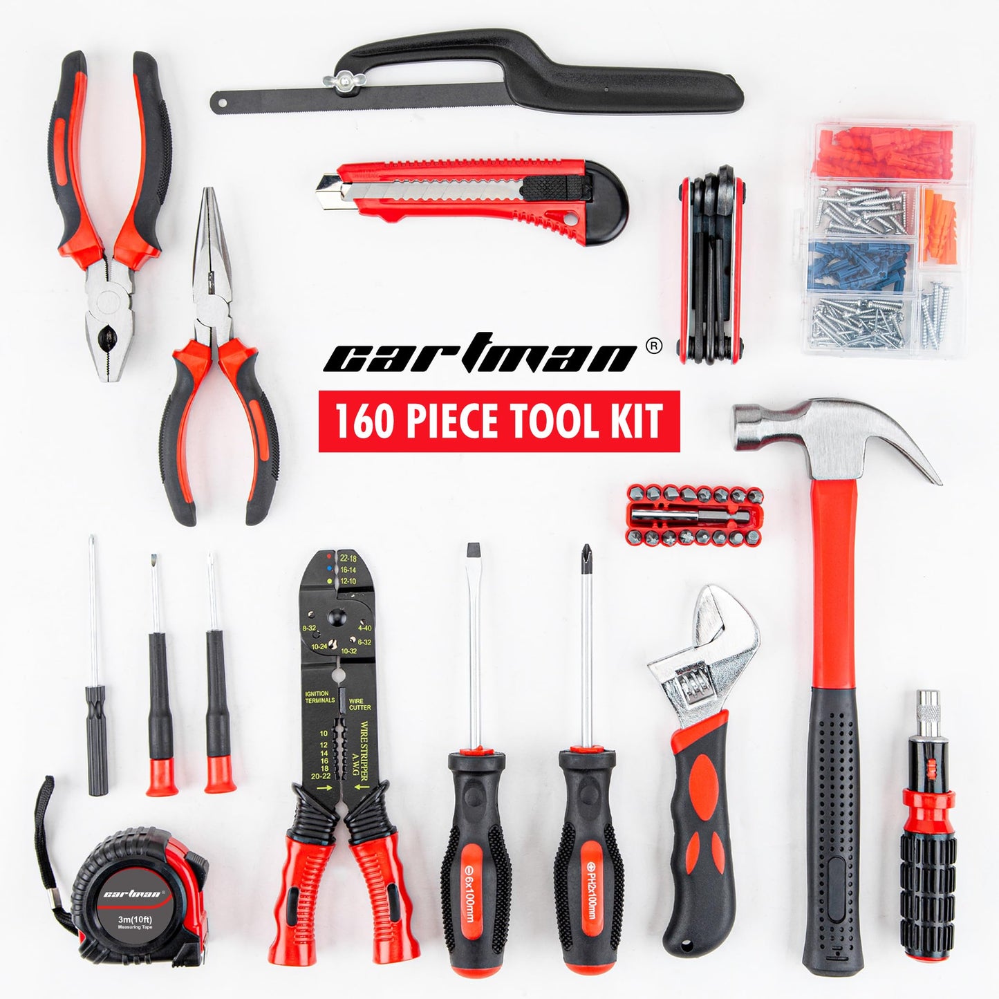 CARTMAN 160 Piece General Household Hand Tool Set Kit with Plastic Toolbox Electricians Tools
