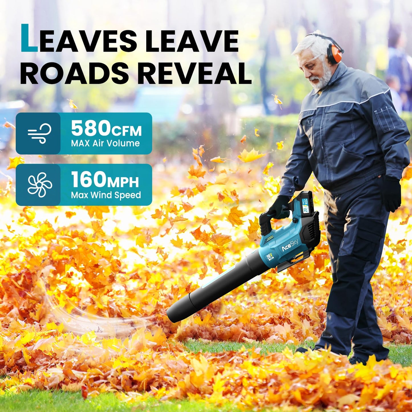 Leaf Blower Cordless, 580CFM/160MPH & 3 Speed Levels, Electric Cordless Leaf Blower with 2 * 4.0Ah Battery Powered, Blowers for Lawn Care, Blower with Extension Nozzle