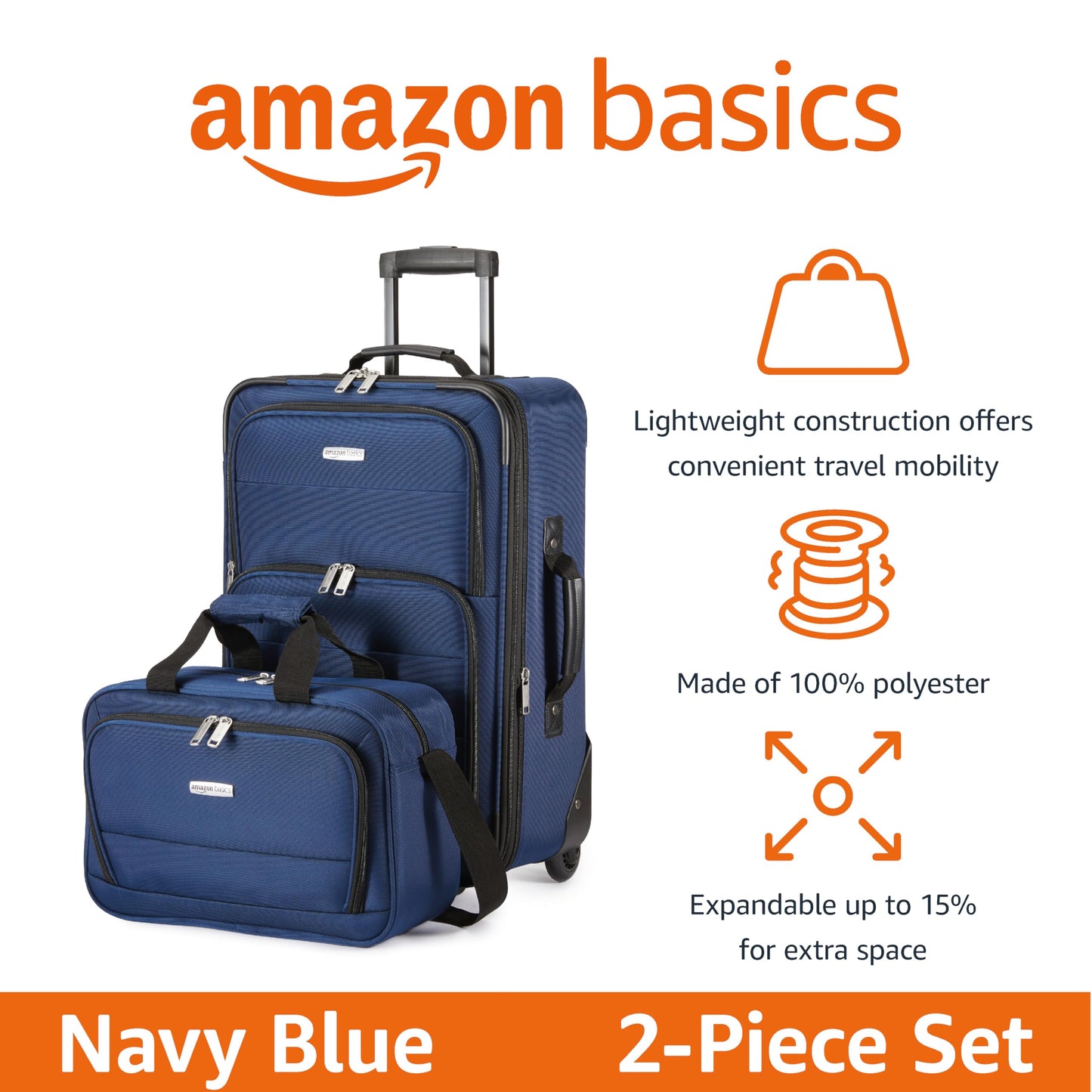 Amazon Basics Luggage Sets, Carry-On 23-Inch, tote 15-Inch, Suitcase With Wheels, Expandable Extra Space (+15%), Front Pockets and Telescopic Handle, Navy Blue