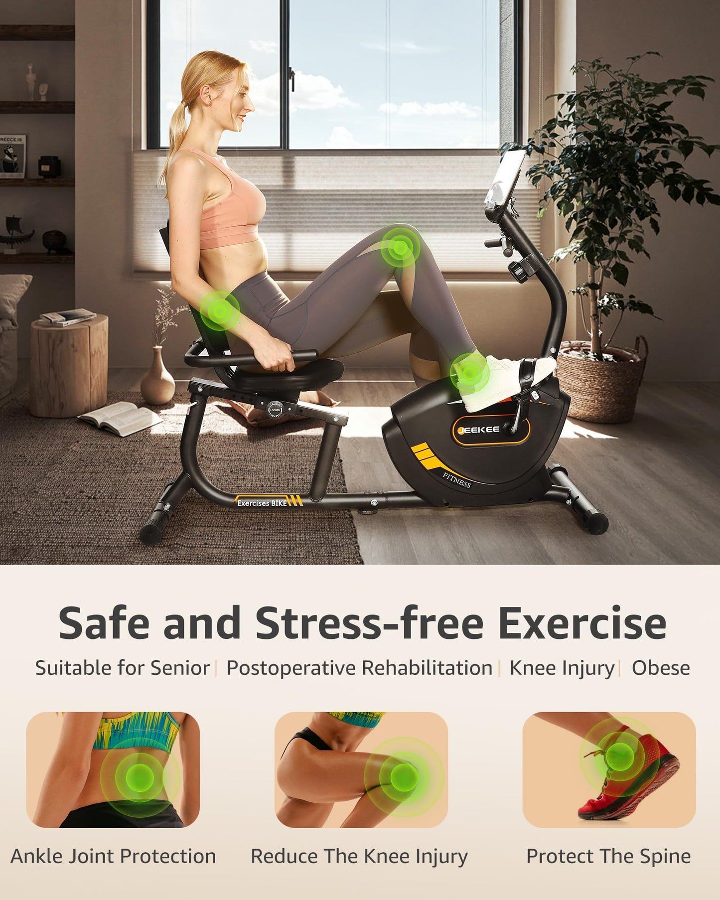 JEEKEE Recumbent Exercise Bike for Adults Seniors - Indoor Magnetic Cycling Fitness Equipment for Home Workout Black