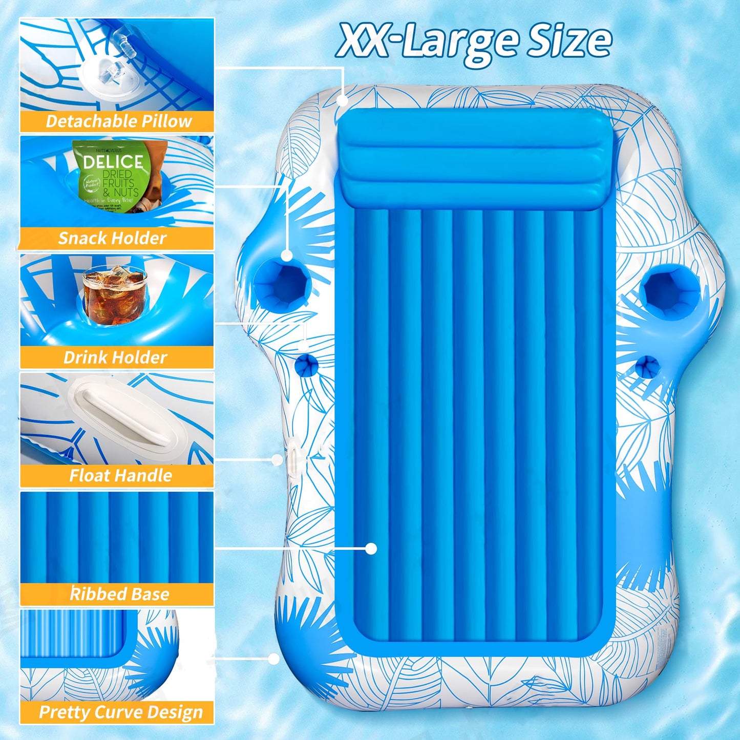 Inflatable Pool Lounger Float for Adults - 70" x 60" JIANYHW X-Large Beach Sun Tan Tub Pool Lounge Raft Sunbathing Pool Floaties with 2 Food/Drink Holder, Blow Up Tanning Pool Bed Floating Mat