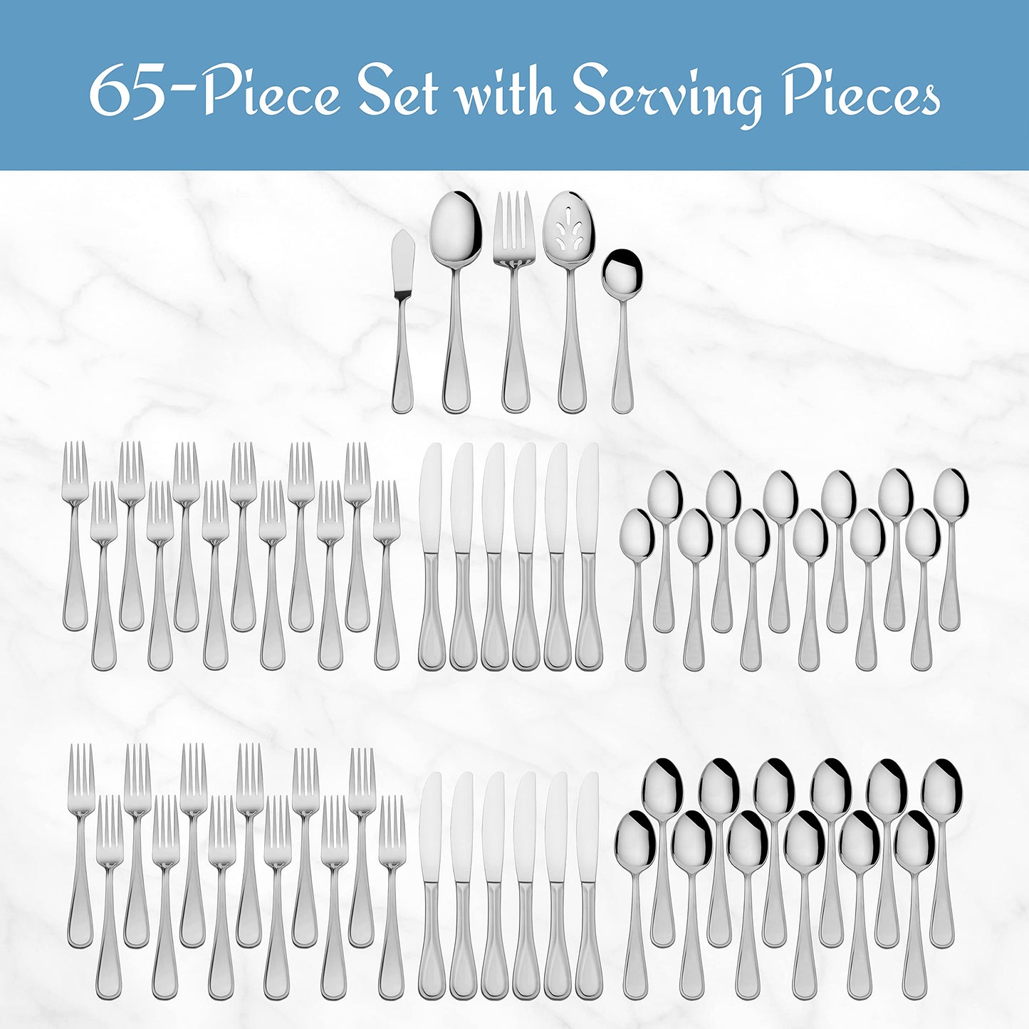 Mikasa, Bravo Flatware Service for 12, 65 Piece Set, 18/10 Stainless Steel, Silverware Set with Serving Utensils