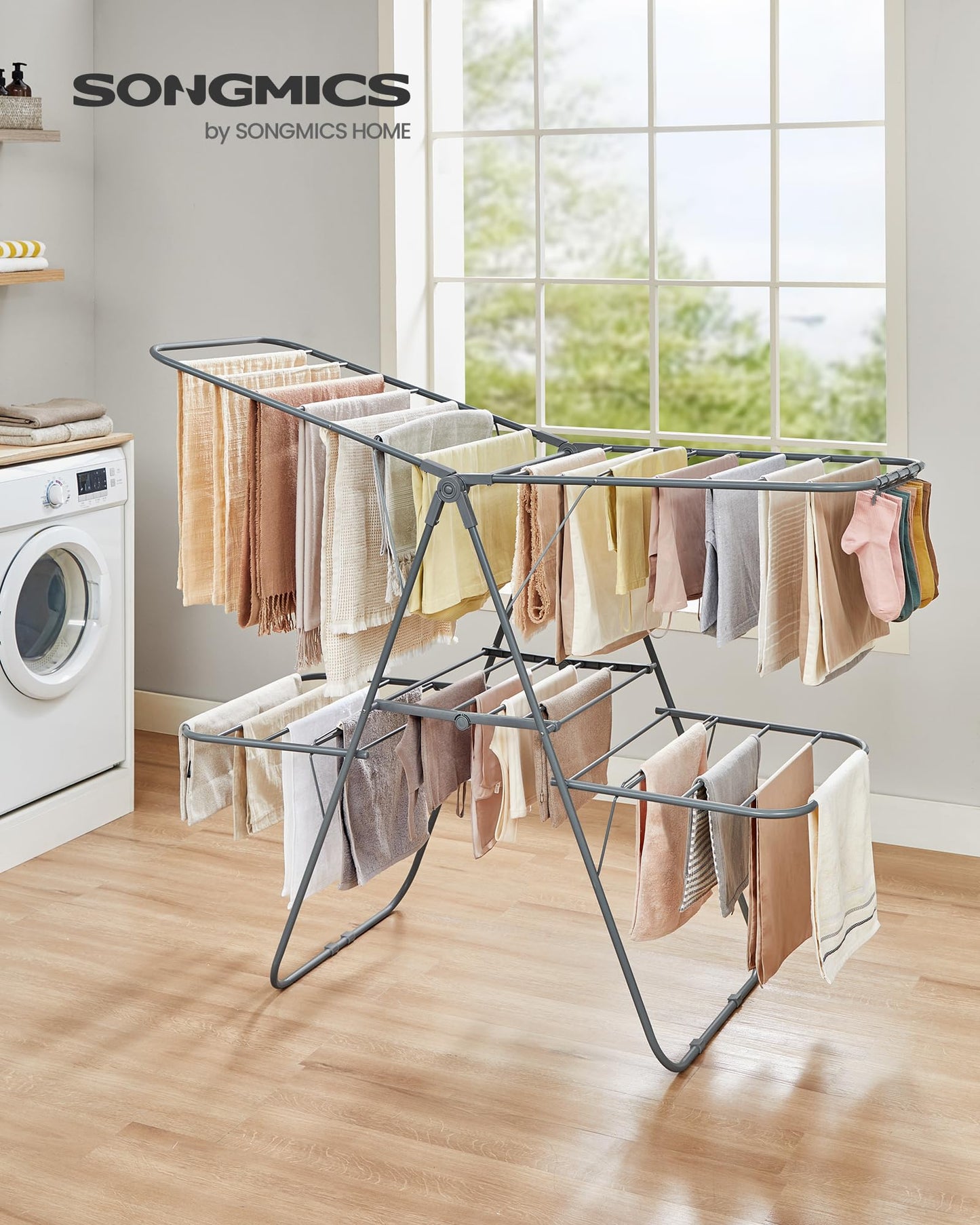 SONGMICS Clothes Drying Rack, Foldable 2-Level Laundry Drying Rack, Free-Standing Laundry Airer, with Height-Adjustable Wings, 33 Drying Rails, Sock Clips, Gray ULLR053G02V1