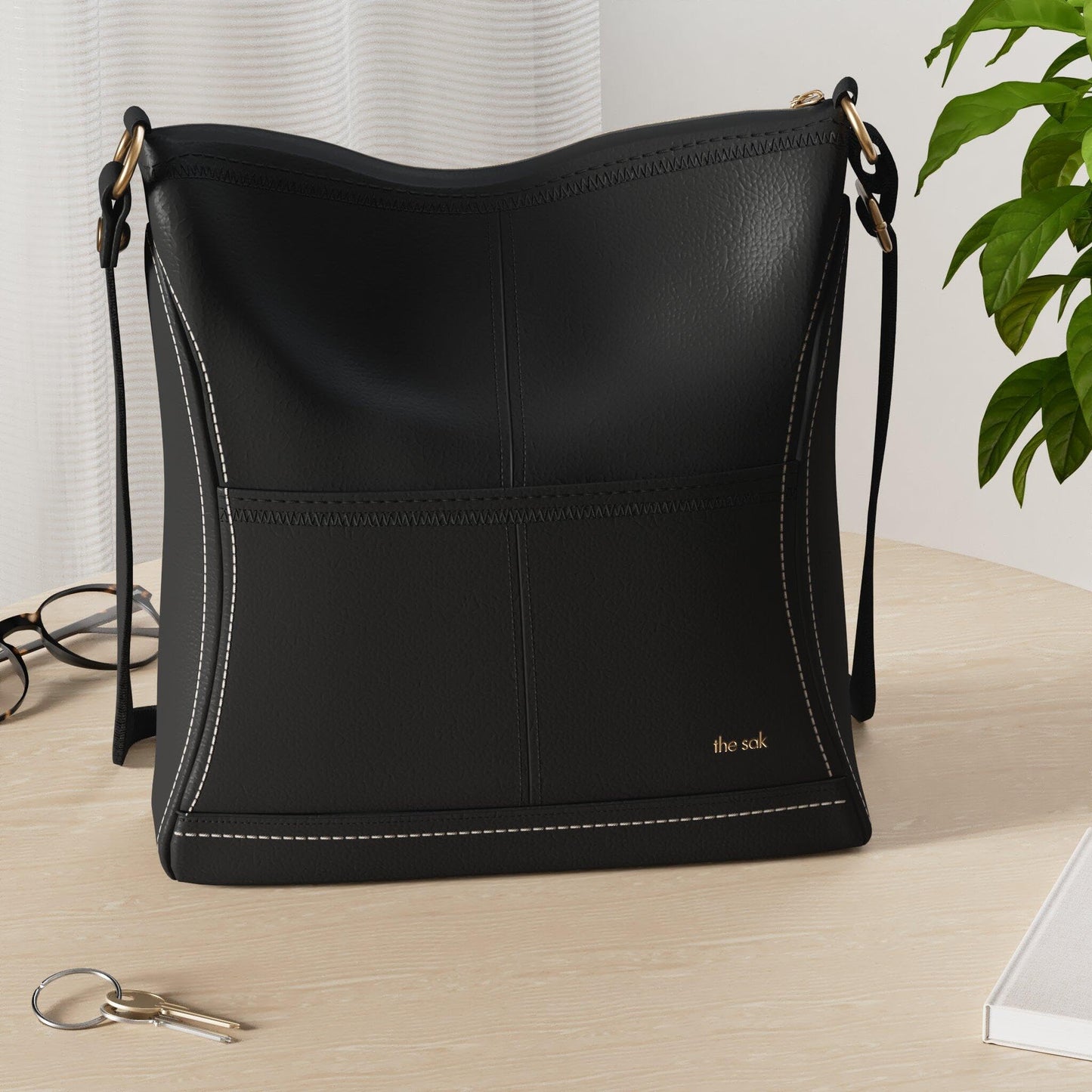 The Sak Womens Iris Crossbody in Leather Casual Purse With Adjustable Strap Zipper Pockets, Black, One Size US