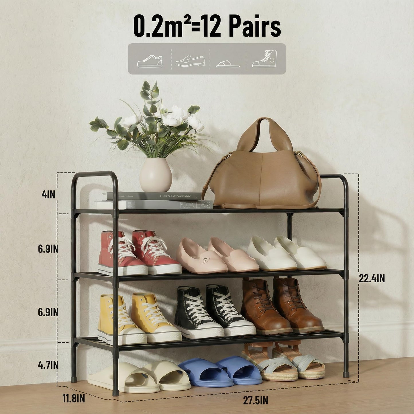 Tujurich 3-Tier Shoe Rack Organlzer, Rustproof lron, Spaclous Shoe Storage Shelf for Closet or Entryway, Fits Sneakers & Slippers, Black