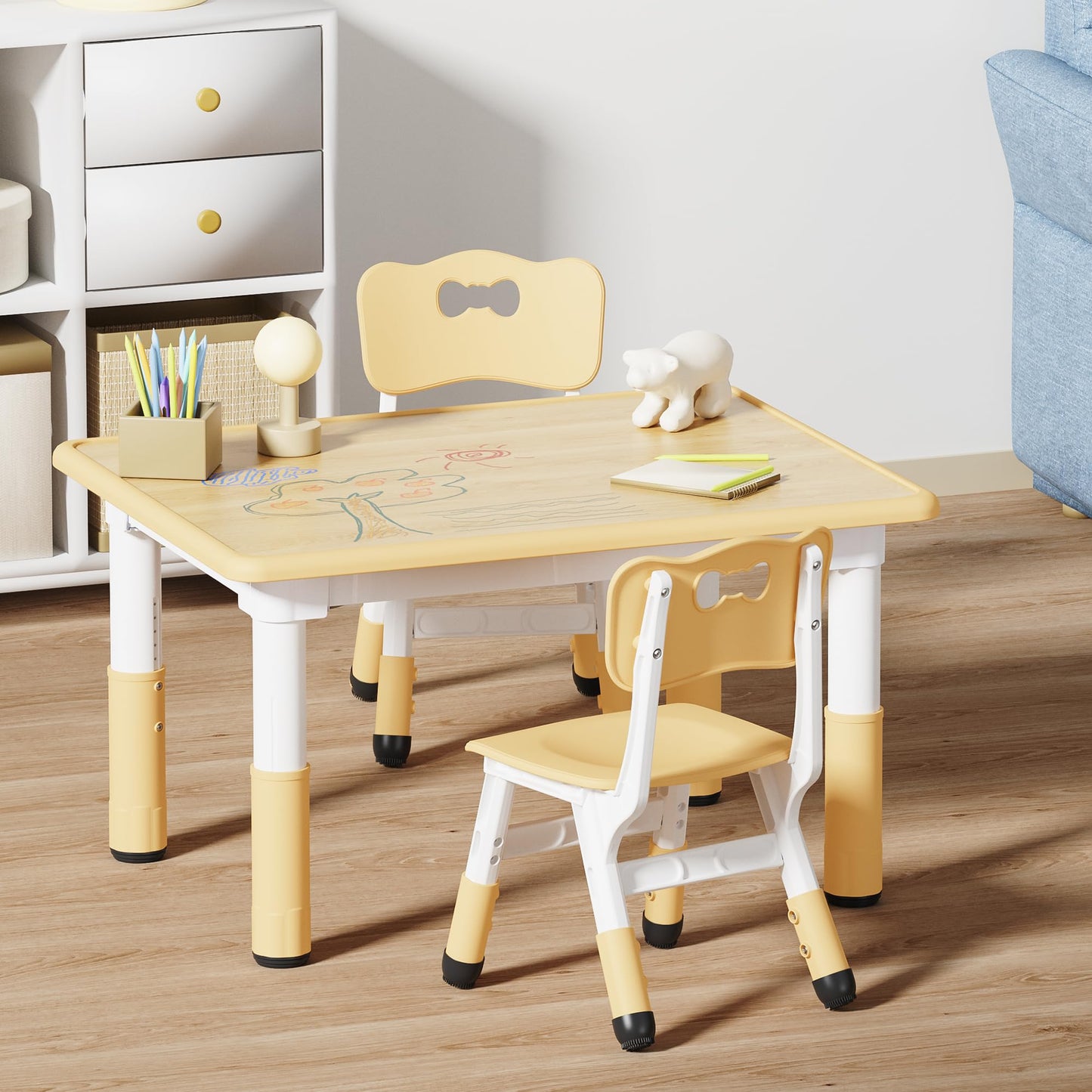 Brelley Kids Table and 2 Chairs Set, Height Adjustable Toddler Desk 31.5" L x 23.6" W and Chair Set, Graffiti Desktop, Classroom/Daycare/Home, Children Multi-Activity Table for Ages 2-8