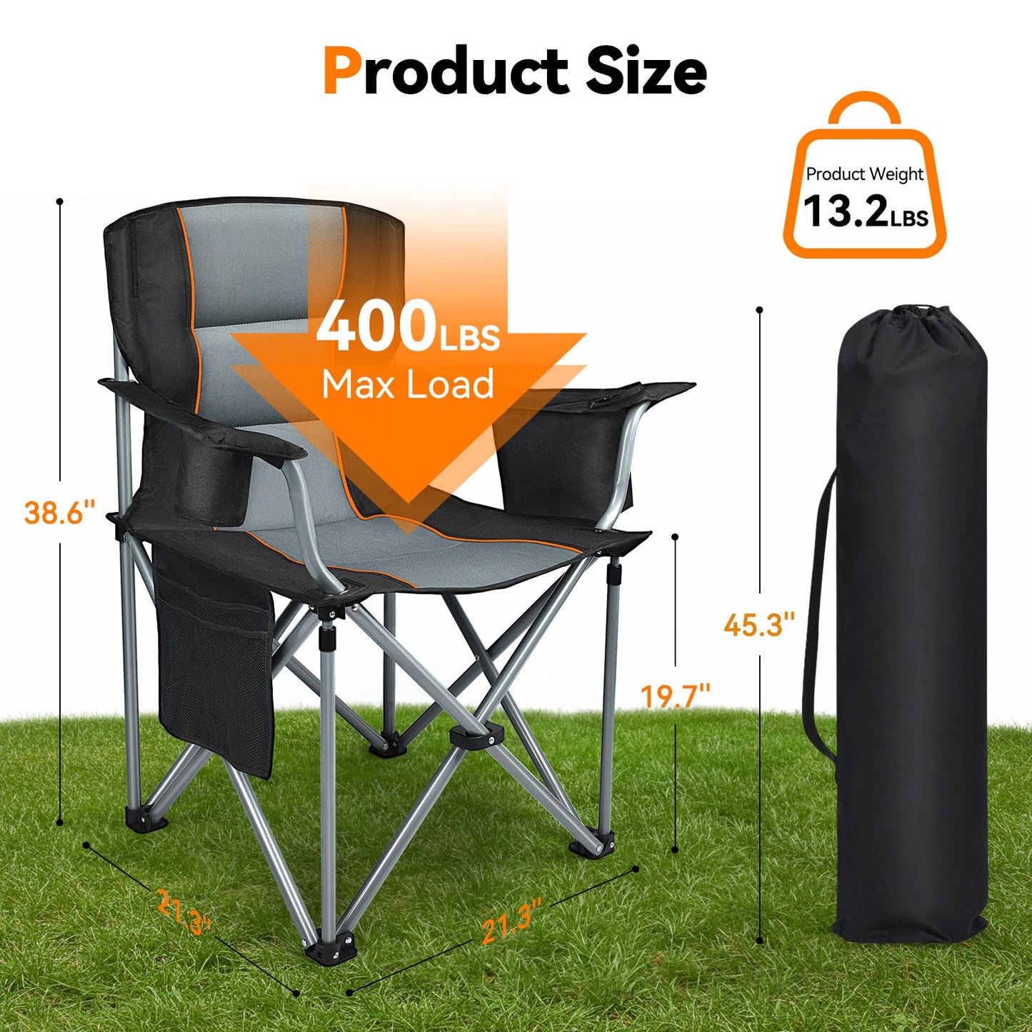 Camping Chairs, 2 Pack Oversized Heavy Duty Fully Padded Outdoor Folding Chairs with Cup Holder, Cooler Bag and Side Pocket, Support 400 LBS, Carry Bag Included, Versatile for Sports,Outdoors & Lawns