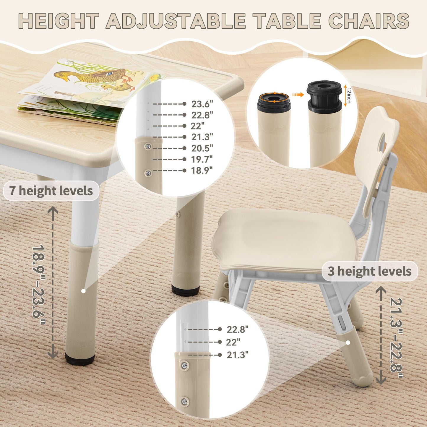 GITAWUSA Kids Study Table and Chairs Set, Height Adjustable Toddler Table and Chair Set for Kids Ages 3-8, 23.6" L x 23.6" W Graffiti Desktop Plastic Children Art Table with 2 Seats, Burlywood