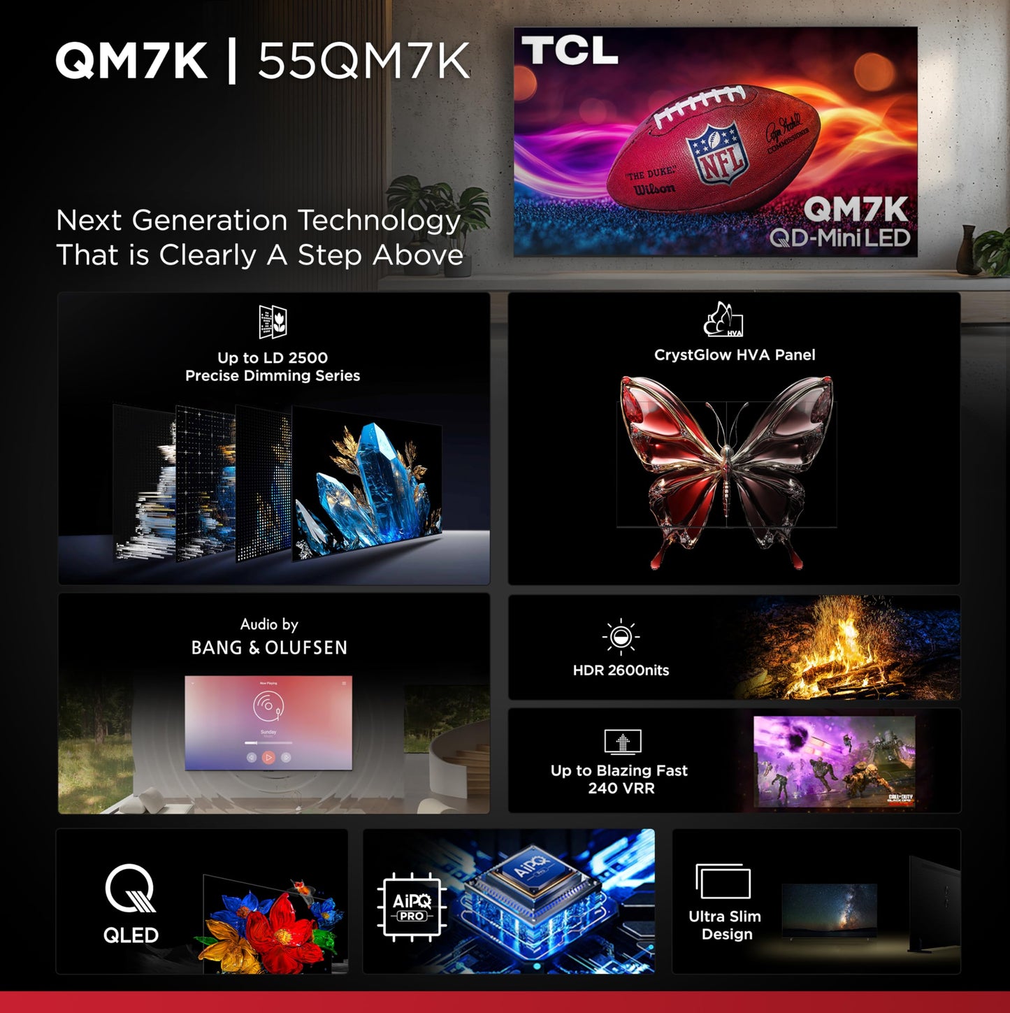 TCL 55-Inch Class QM7K Series QD-Mini LED 4K UHD Google Smart TV Best Premium Mini-LED TV - QLED, 144hz, 240hz Gaming Rate, Anti-Reflective Screen, Bang & Olufsen Audio, Atmos (55QM7K, 2025 Model)