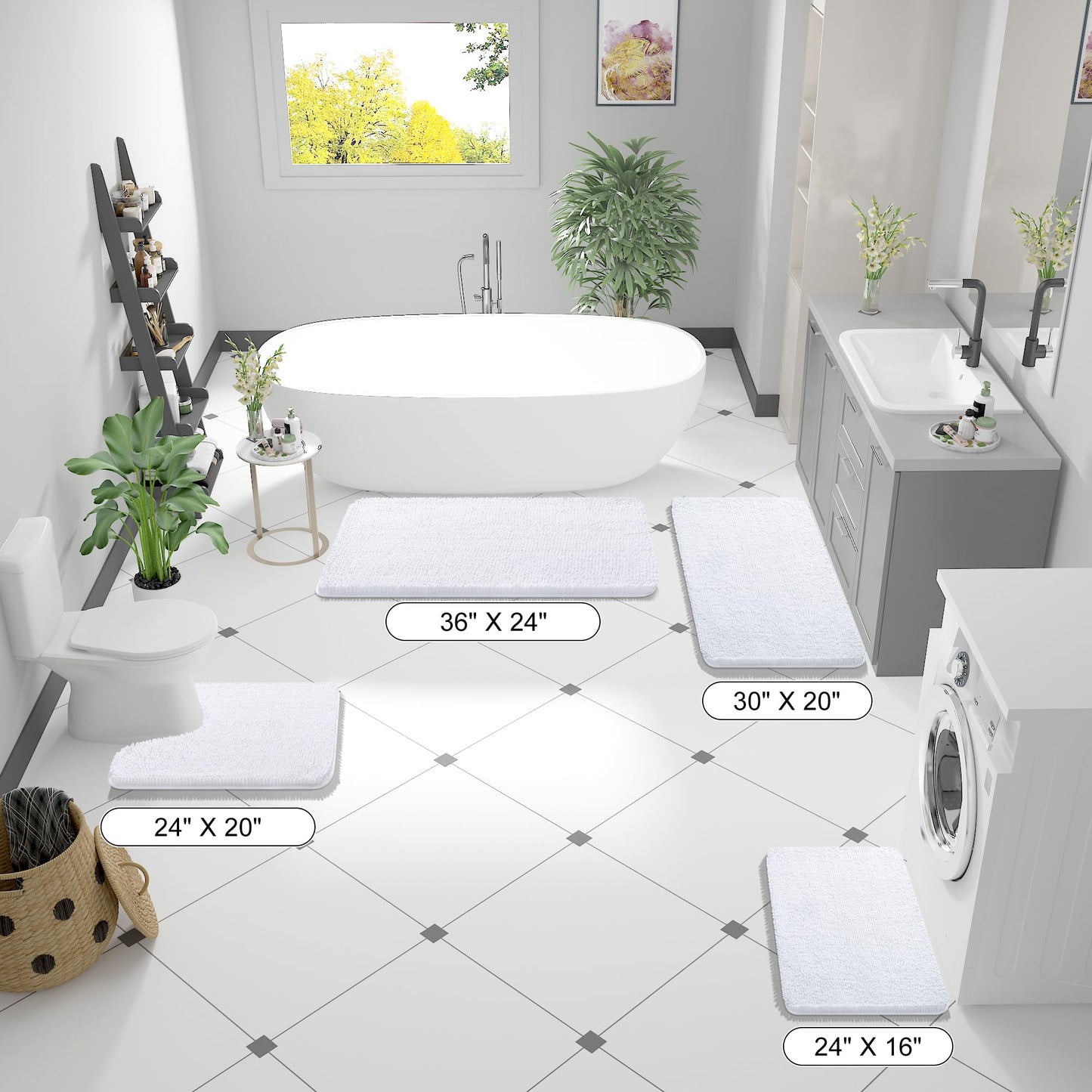 OLANLY Bathroom Rugs 59x35, Extra Soft Absorbent Chenille Bath Rugs, Rubber Backing Quick Dry, Machine Washable Bath Mats for Bathroom Floor, Tub and Shower, Home Decor Accessories, White