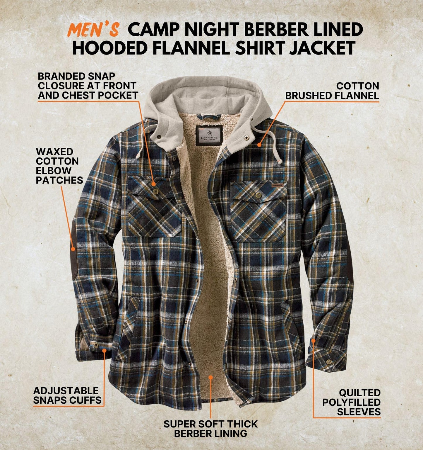 Legendary Whitetails Men's Hooded Shirt Jacket Flannel Berber Lined Polyfill Insulated, Upland Plaid, Small