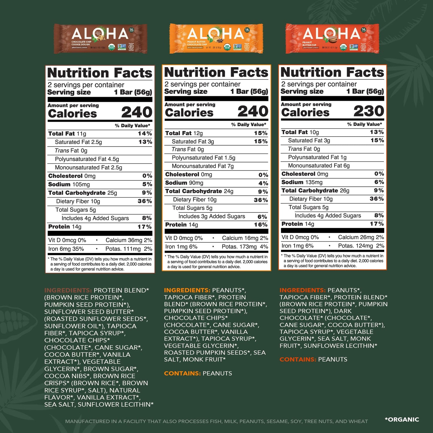 ALOHA Organic Plant Based Protein Bars - 3 Flavor Variety Pack - 12 Count, 1.98oz Bars - Vegan Snacks, Low Sugar, Gluten-Free, Low Carb, Paleo, Non-GMO, Stevia-Free, No Sugar Alcohol Sweeteners