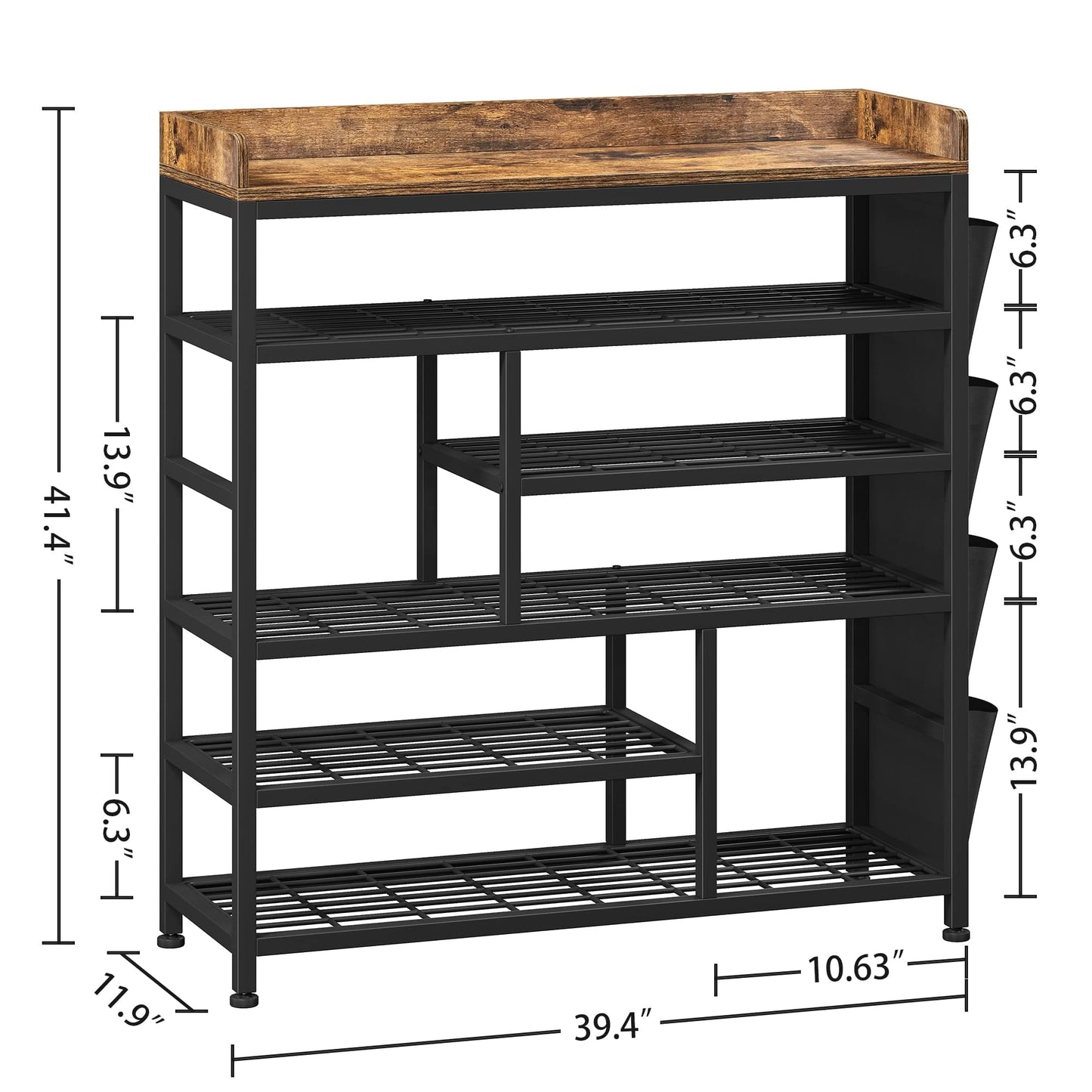 EnHomee Metal Shoe Rack for Entryway with Boots Storage for 22 Pairs Wood Shoes Rack Wooden Top and Side Pocket for Entry, Entrance, Hallway, Black