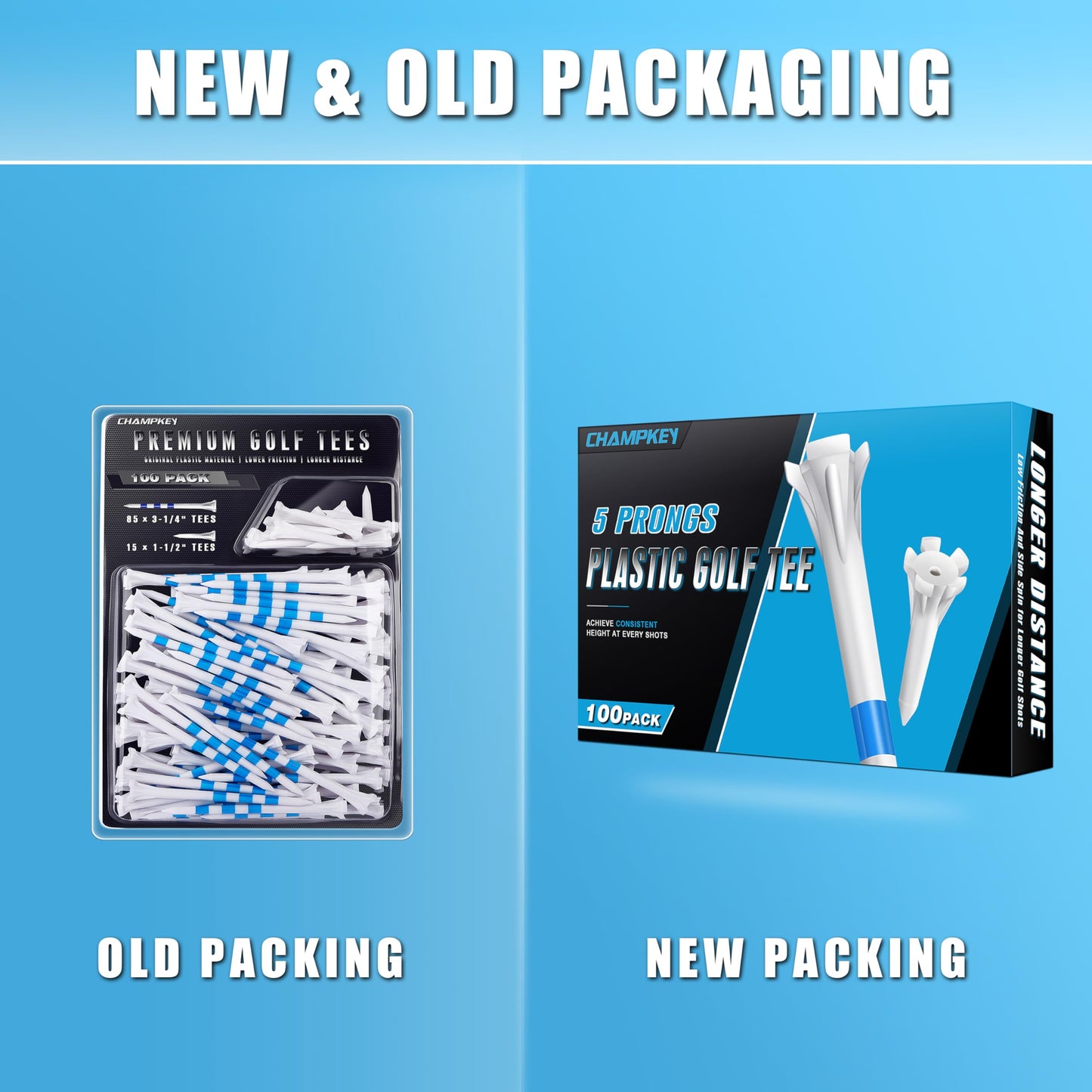 CHAMPKEY Professional 5 Prongs Golf Tees 100 Pack | 85 Driver Tees with 15 Iron/Hybrid Tees Mixed Pack | Low Friction and Resistance Golf Plastic Tees