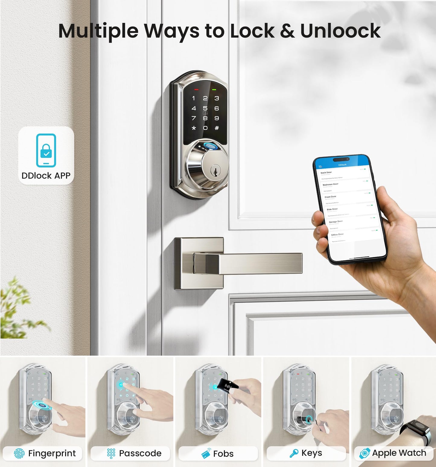 Veise Fingerprint Smart Locks for Front Door with 2 Lever Handle Set, App Control, Keyless Entry, Electronic Digital Keypad Deadbolt, Auto Lock, Waterproof, Easy to Install, Satin Nickel