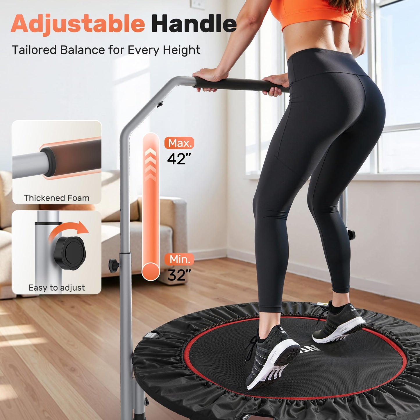 BCAN 40/48" Foldable Mini Trampoline Max Load 330lbs/440lbs, Fitness Rebounder with Adjustable Foam Handle, Exercise Trampoline for Adults Indoor/Garden Workout, Black