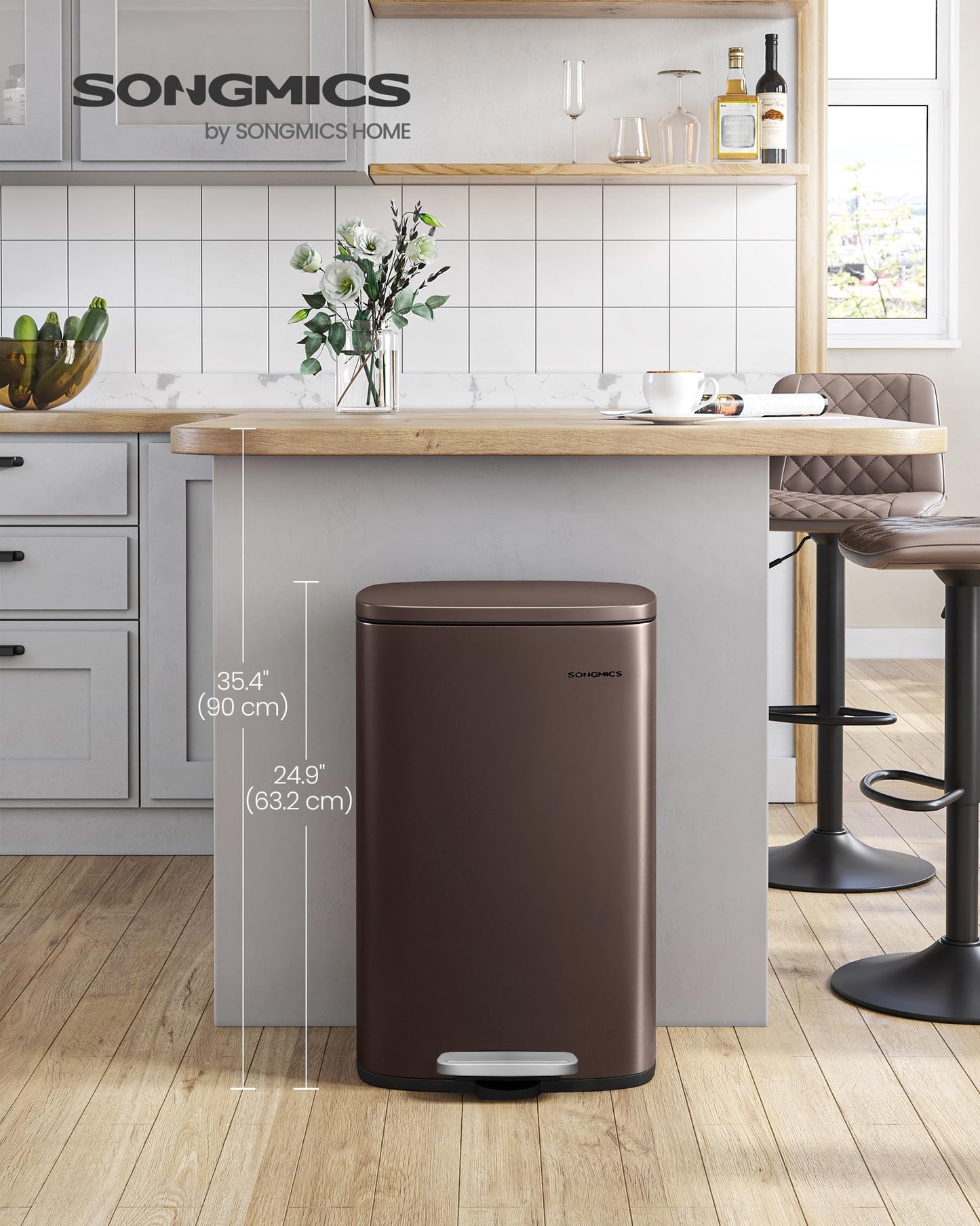 SONGMICS 13 Gallon (50 L) Trash Can, Stainless Steel Kitchen Garbage Can, Recycling or Waste Bin, Soft Close, Step-On Pedal, Removable Inner Bucket, Brown ULTB50BR