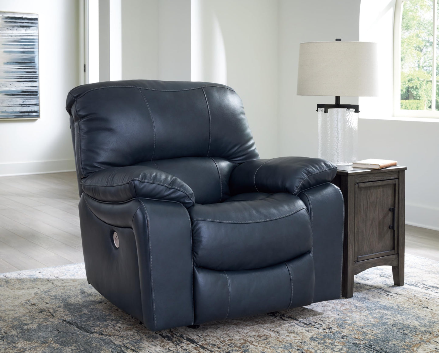 Signature Design by Ashley Leesworth Modern Power Recliner in Leather Match and with Rocking Motion and USB Port, Blue