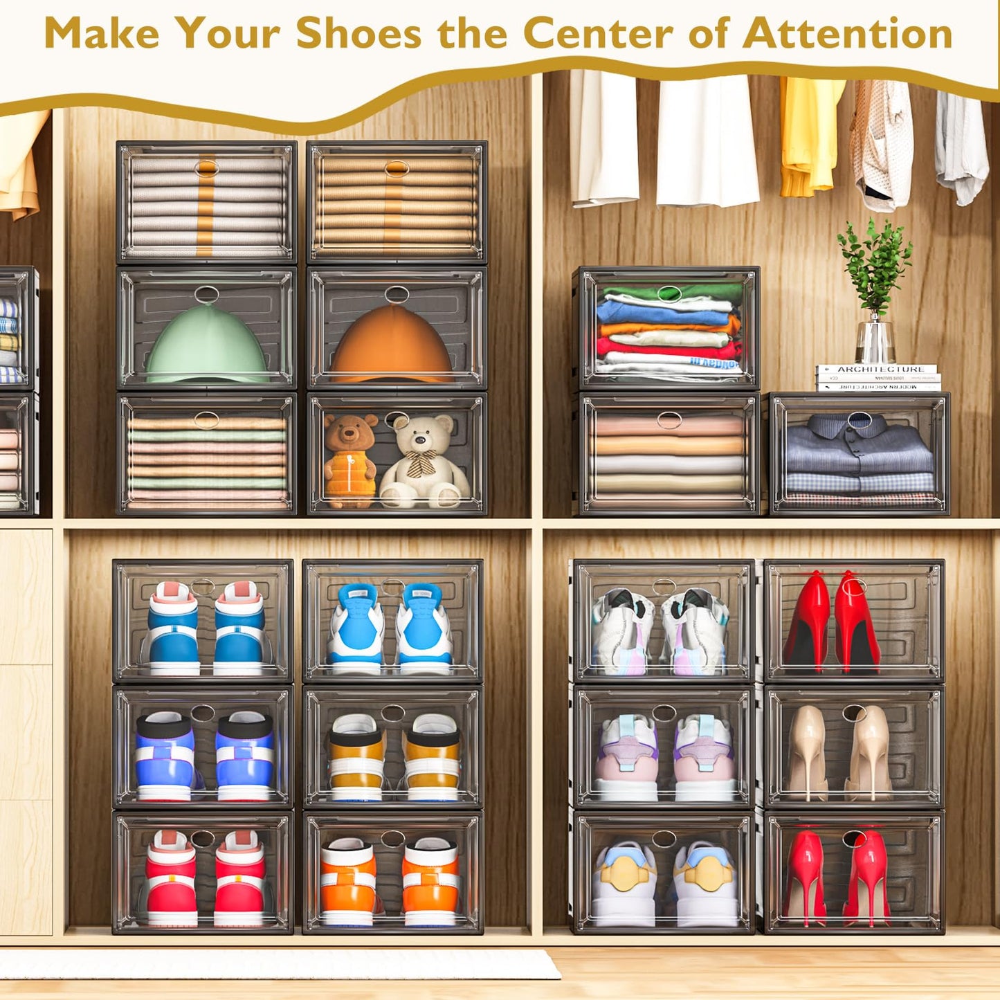 12 Pack Clear Shoe Storage Organizer with Magnetic Door, Stackable Plastic Shoe Boxes for Sneakers, Boots, and Heels, Space-Saving Foldable Shoe Rack for Closet, Durable Shoe Cabinet Organizer, Black