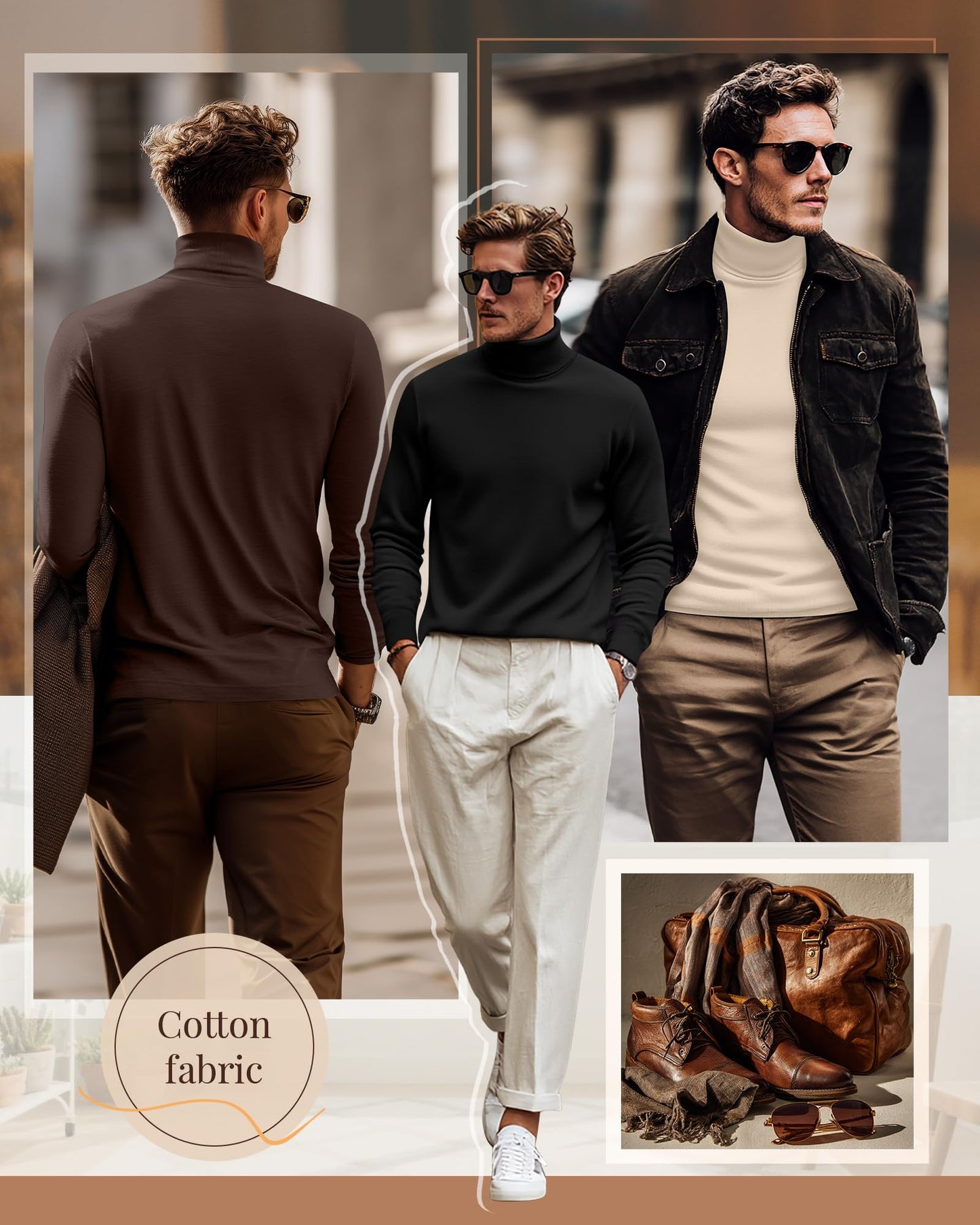 Ficerd 3 Pack Men's Turtleneck Shirts, Long Sleeve Cotton Pullover Sweaters Mock Neck Knitted T Shirt Basic Slim Fit Tee Tops(Black, Brown, Apricot,X-Large)