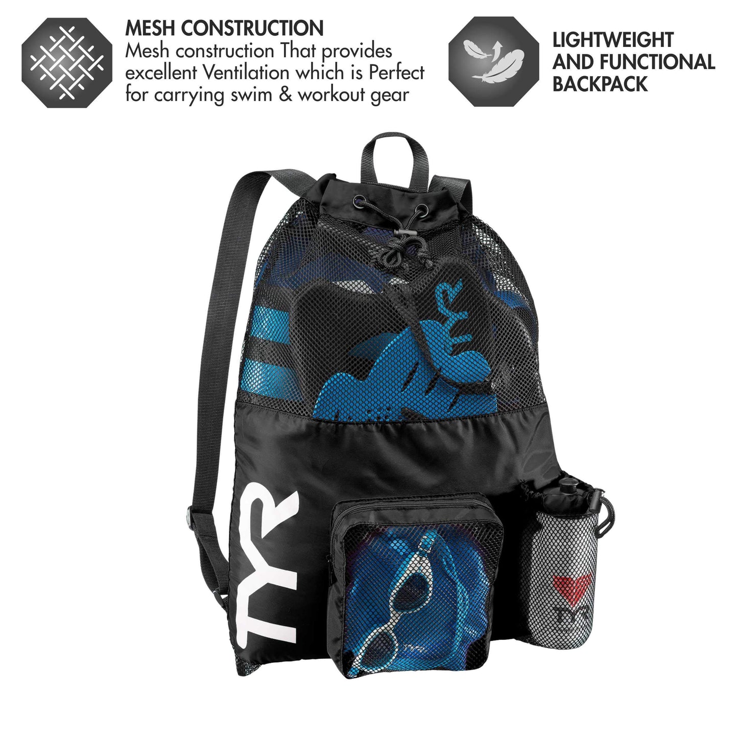 TYR Big Mesh Mummy Backpack for Swim, Gym and Workout Gear, Black, 40-Liter Capacity