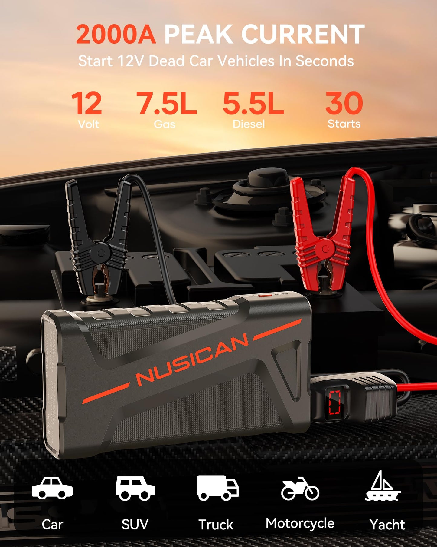 Car Battery Jump Starter, NUSICAN 2000A Portable Car Jump Starter Battery Pack (up to 7.5L Gas/5.5L Diesel Engine) 12V 18000mAh Jump Box for Car Battery with Safety Jumper Clamps, LED Lights, Compact