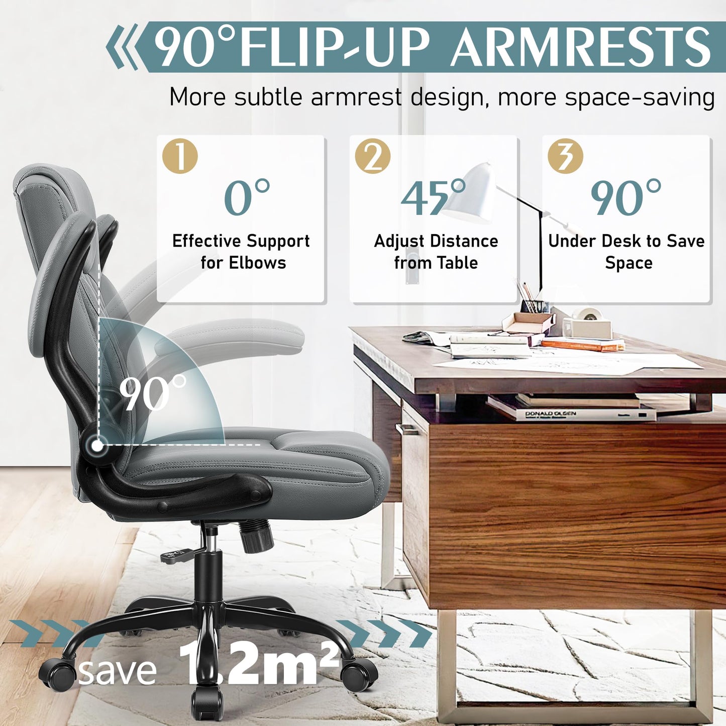 Leather Office Chair, PU Home Computer Desk Chairs with Ergonomic Back Support, 360°Swivel Free,Small Gmaing Chair with Wheels and Adjustable Armrests, for Short People Use, Gray