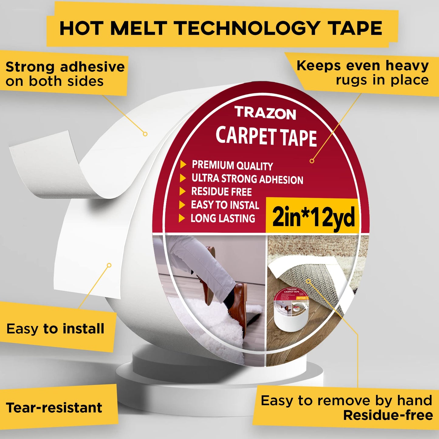 Carpet Tape Double Sided - Rug Tape Grippers for Hardwood Floors and Area Rugs - Carpet Binding Tape Strong Adhesive and Removable, Heavy Duty Stickers Grip Tape, Residue Free (2 Inch / 12 Yards)