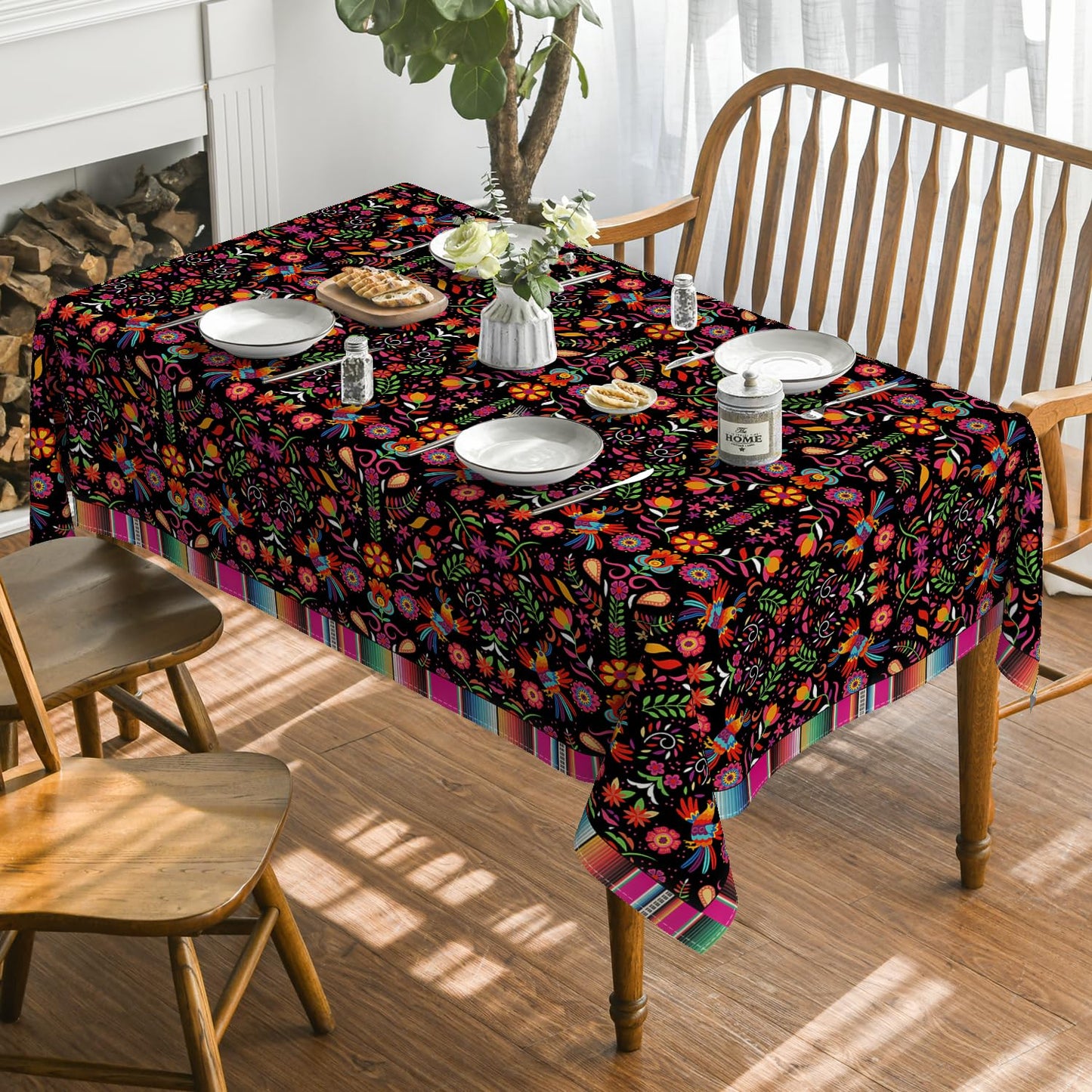 Horaldaily Mexico Tablecloth 60x120 Inch Rectangular, Halloween Cinco De Mayo Fiesta Design Black Stripes Washable Seasonal Table Cover for Party Picnic Dinner Decor