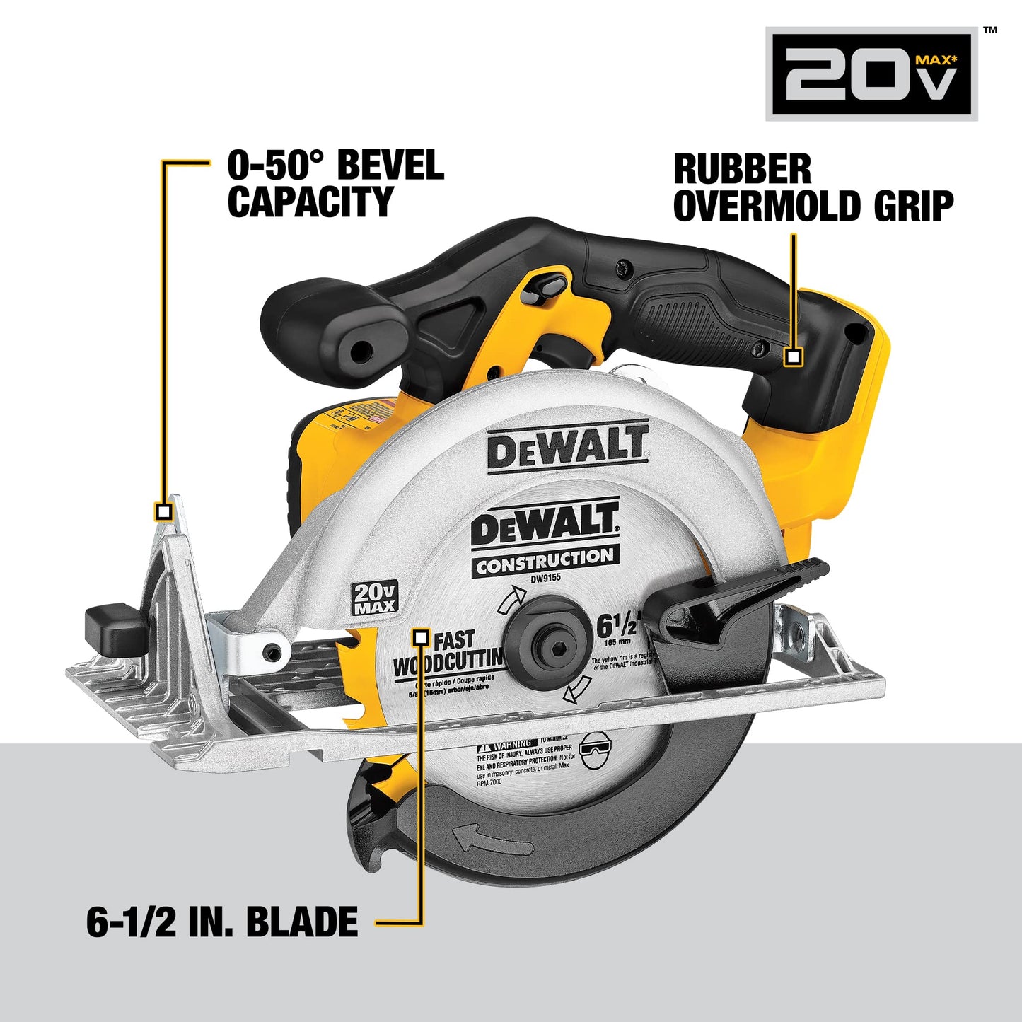 DEWALT 20V MAX Circular Saw, 6-1/2-Inch Blade, 460 MWO Engine, 0-50 Degree Bevel Capability, Bare Tool Only (DCS391B)