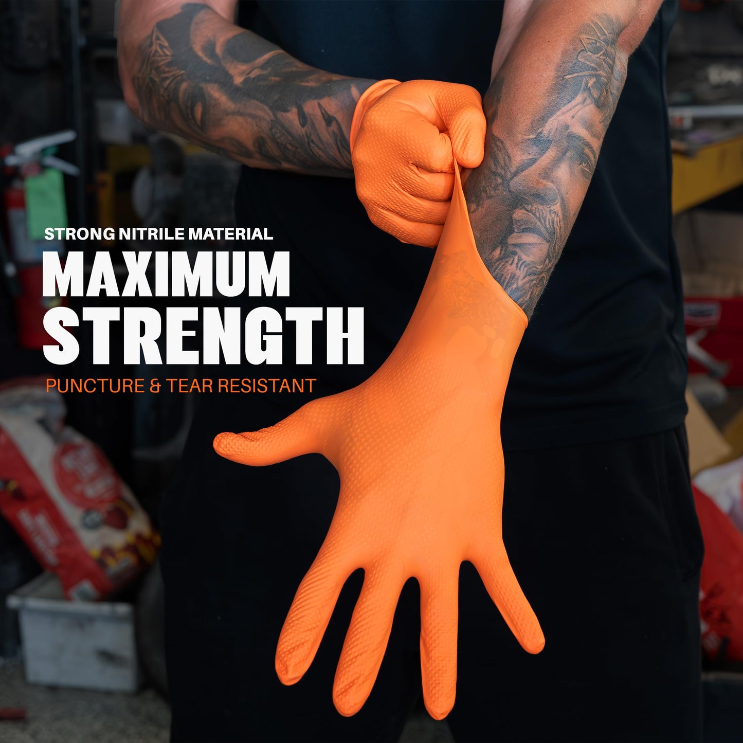 GRIPXX Herkules Grip Heavy Duty 8Mil Orange Nitrile Gloves,3D Raised Diamond Texture-Latex & Powder Free-Industrial, Mechanic (10, X-Large)
