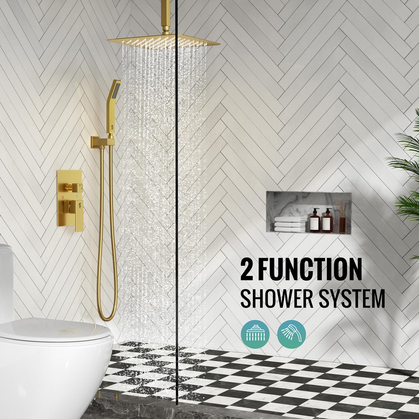 SR SUN RISE 12 Inch Ceiling Mounted Shower System Rain Mixer Shower Combo Set Rainfall Shower Head System Brushed Gold Shower Faucet Trim Repair Kits with Shower Rough-in Valve Body and Trim