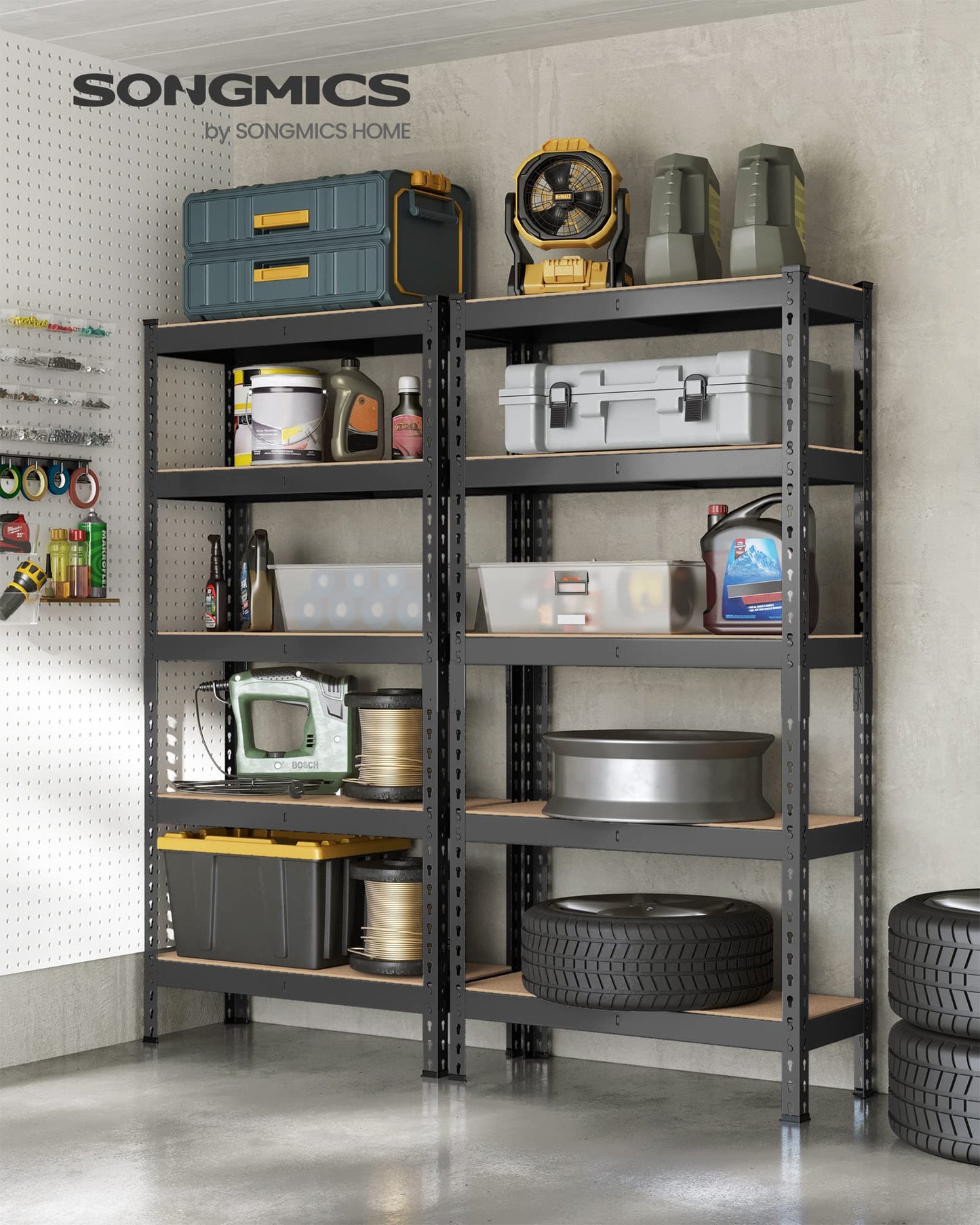 SONGMICS 5-Tier Storage Shelves, Set of 2 Garage Storage, Boltless Assembly, Adjustable Shelving Units, 11.8 x 29.5 x 59.1 Inches, Load 1929 lb Each, Shed Warehouse Basement, Black UGLR300B02