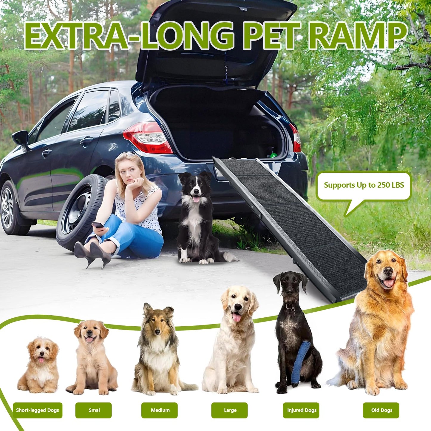 RUBLELITIE Dog Ramp for Cars SUV Truck-17.3x71in Heavy Duty Foldable Wide Outdoor Pet Stairs with Non-Slip Surface Portable Folding Design for Large Dogs Up to 250lbs (71" L x 17.3" W)