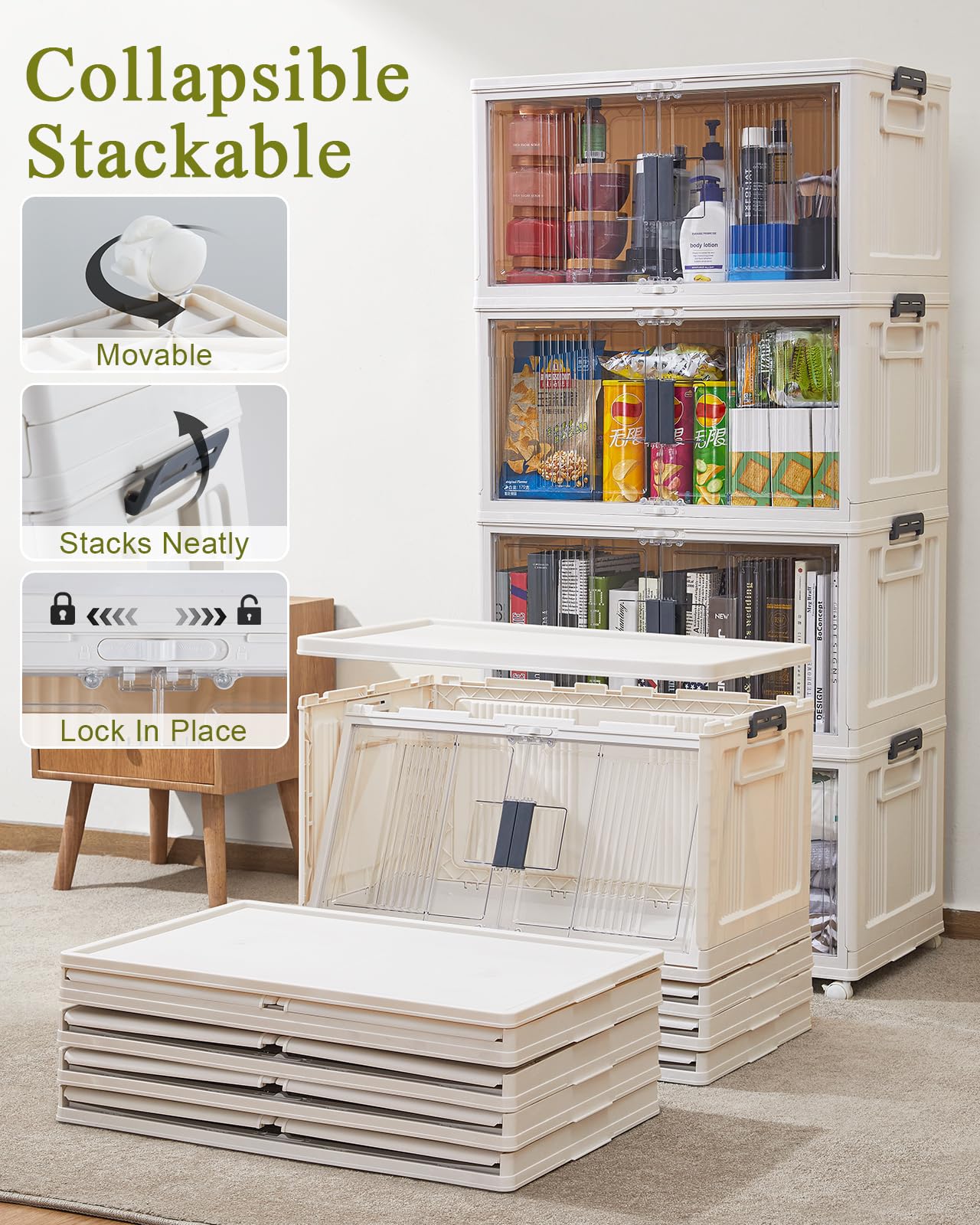 OlarHike 76QT Stackable Storage Bins with Lids - Folding Storage Box with Doors and Wheels, Collapsible Plastic Storage Bins for Closets, Storage Containers for Home, 4 Pack Cubes (Warm Gray)
