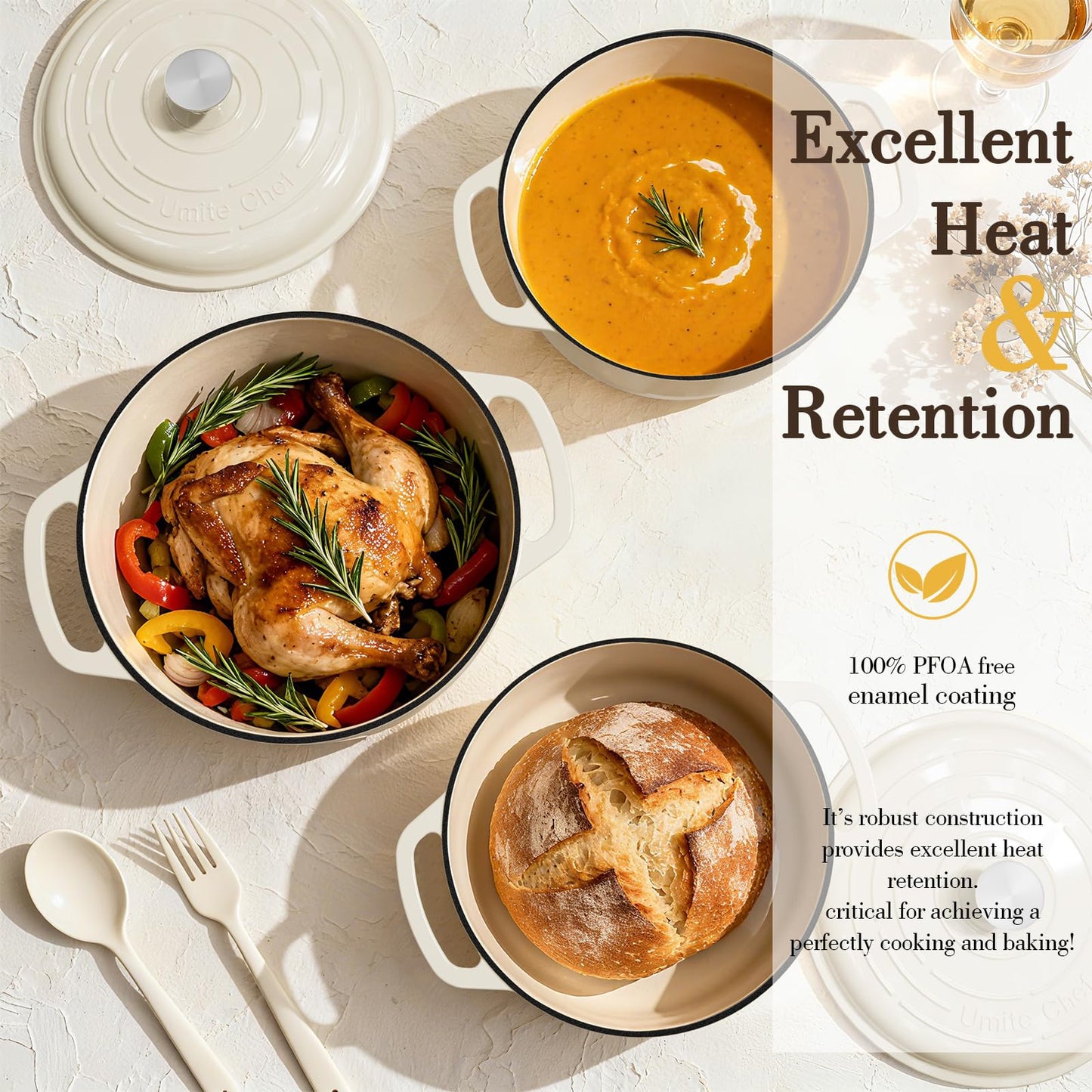 Umite Chef 6QT Enameled Cast Iron Dutch Oven with Lid, Versatile Heavy-Duty Cookware Pot for Baking Bread, Braising, Soups & Stews, Oven & Stovetop Safe with Heat Resistant Gloves(Cream White)