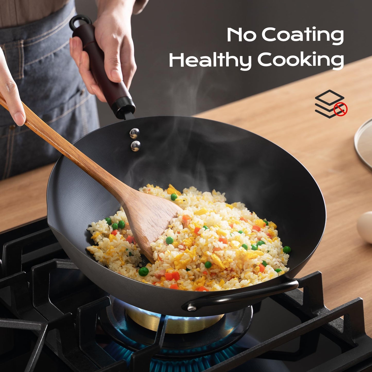 Wok, 13 Inch carbon steel woks & stir-fry pans nonstick, Pre-Seasoned 5.8QT Flat Bottom Chinese Wok Paella Pan with lid, Carbon Steel Cookware, Compatible with All Cooktops
