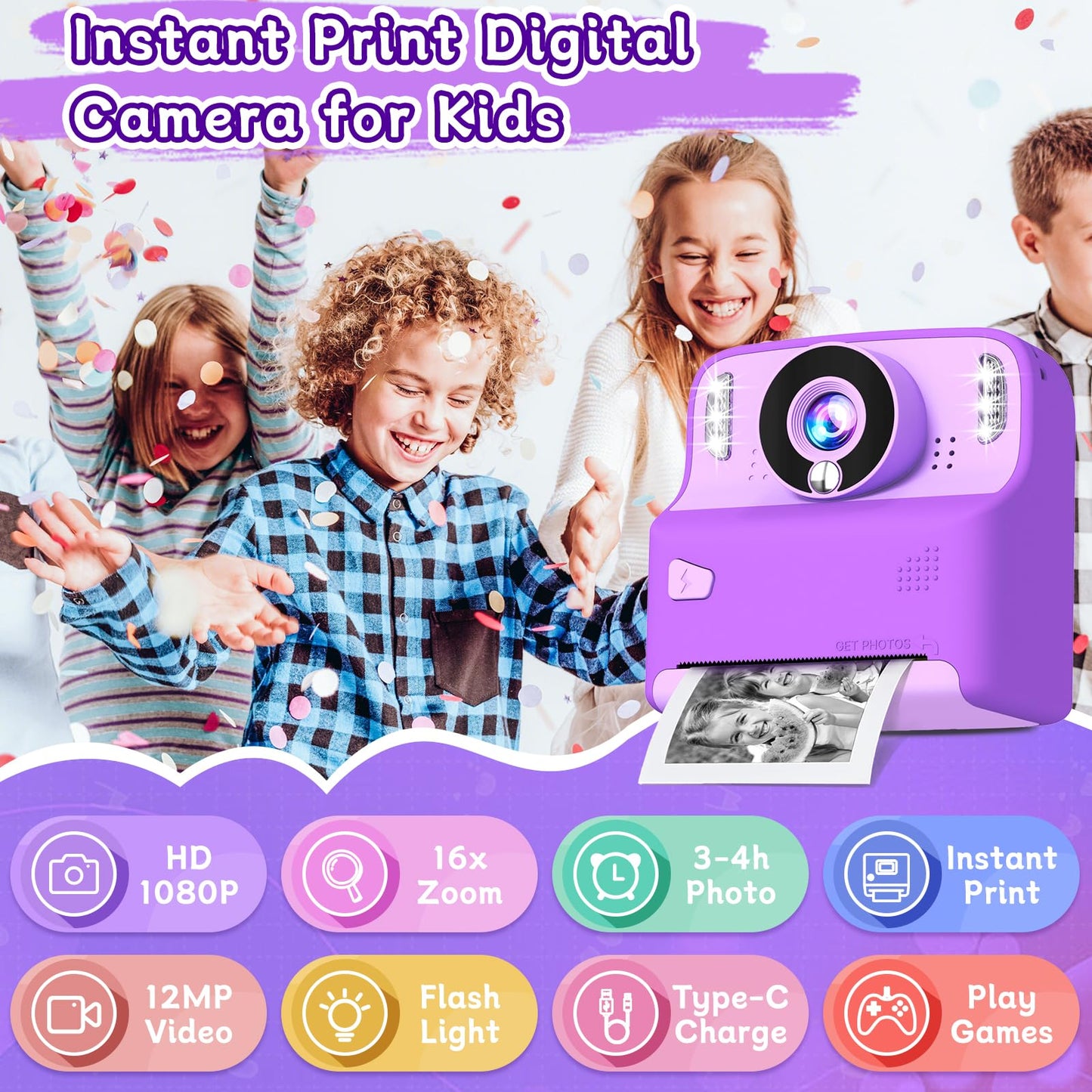 MindPal Kids Camera Instant Print, 1080P Digital Camera with 32GB Card, Portable with Lanyard, Instant Print Camera for Kids, for 3 4 5 6 7 8 9 Year Old Girls Boys Kids