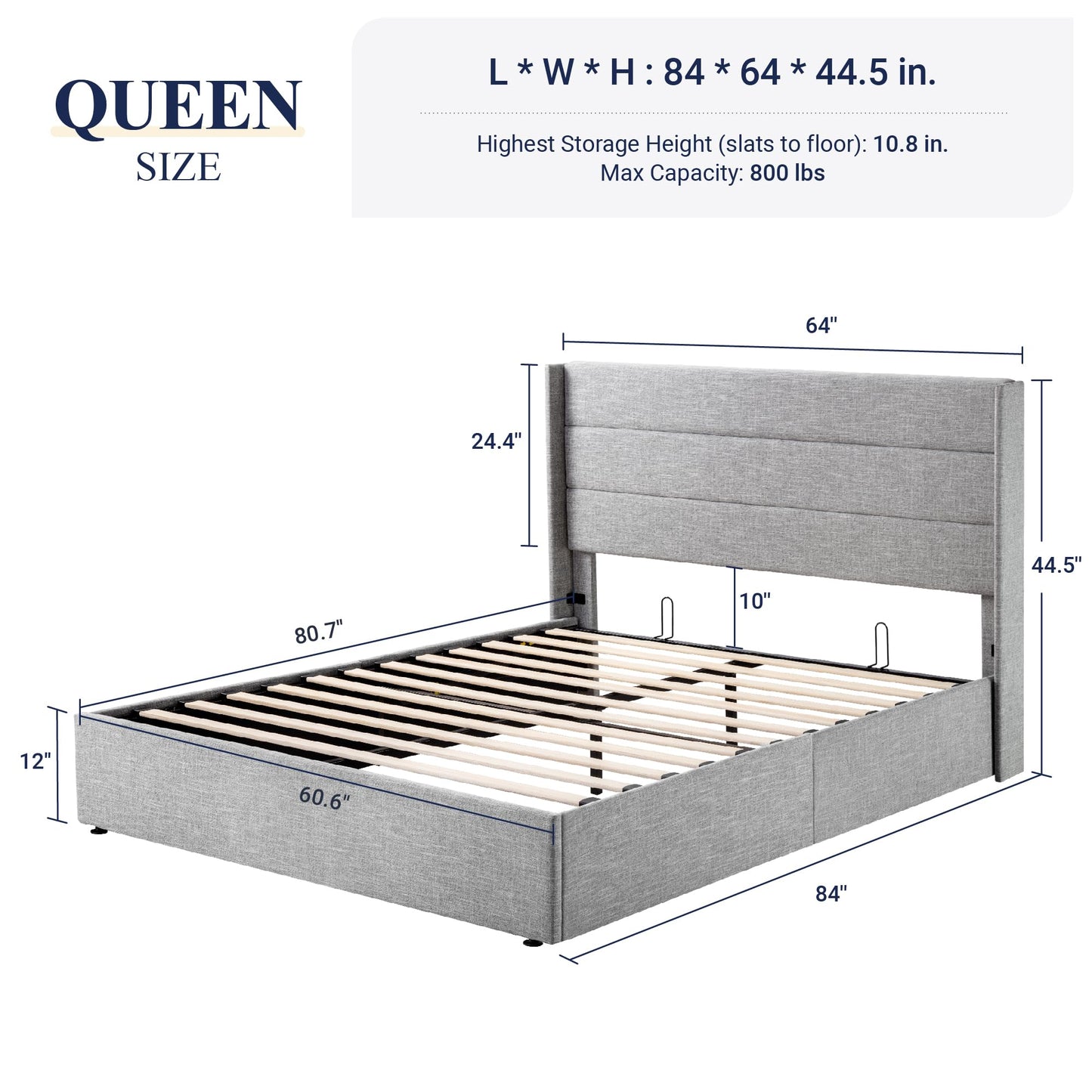 Allewie Queen Size Lift Up Storage Bed, Modern Wingback Headboard, Hydraulic Support, No Box Spring Needed, Light Grey