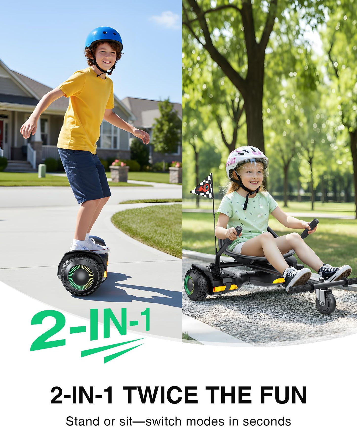 Gyroor Scooter with Adjustable Seat Attachment, 6.5" All-Terrain Self Balancing Scooter, 500W Motor, LED Lights & Bluetooth for Kids and Adults, Black