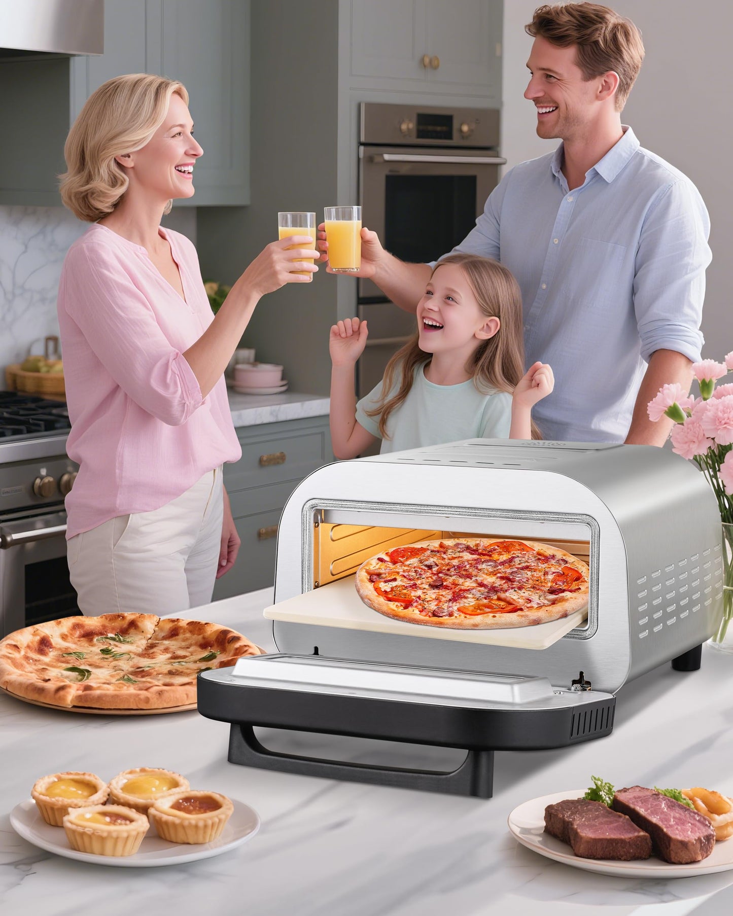 Upgraded indoor Pizza Oven 12 Inch Electric Countertop Pizza Oven with 6 Mode Heats up to 840°F Pizza Maker Pizza Cooker for Home Kitchen, Restaurants, Parties - Stainless Steel