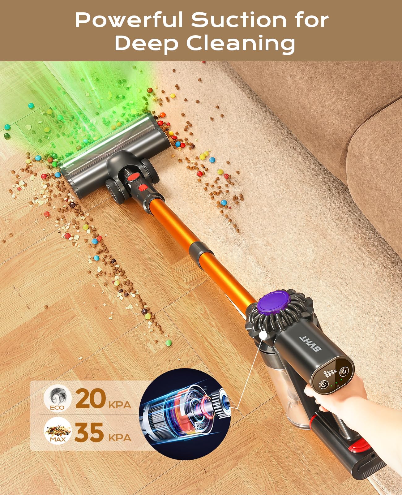 Cordless Vacuum Cleaner, 45Mins Powerful Vacuum Cleaners for Home, Lightweight Stick Vacuum Cordless with Advanced Green Light Tech, Rechargeable Battery Vacuum for Carpet,Pet Hair,Hardwood Floor