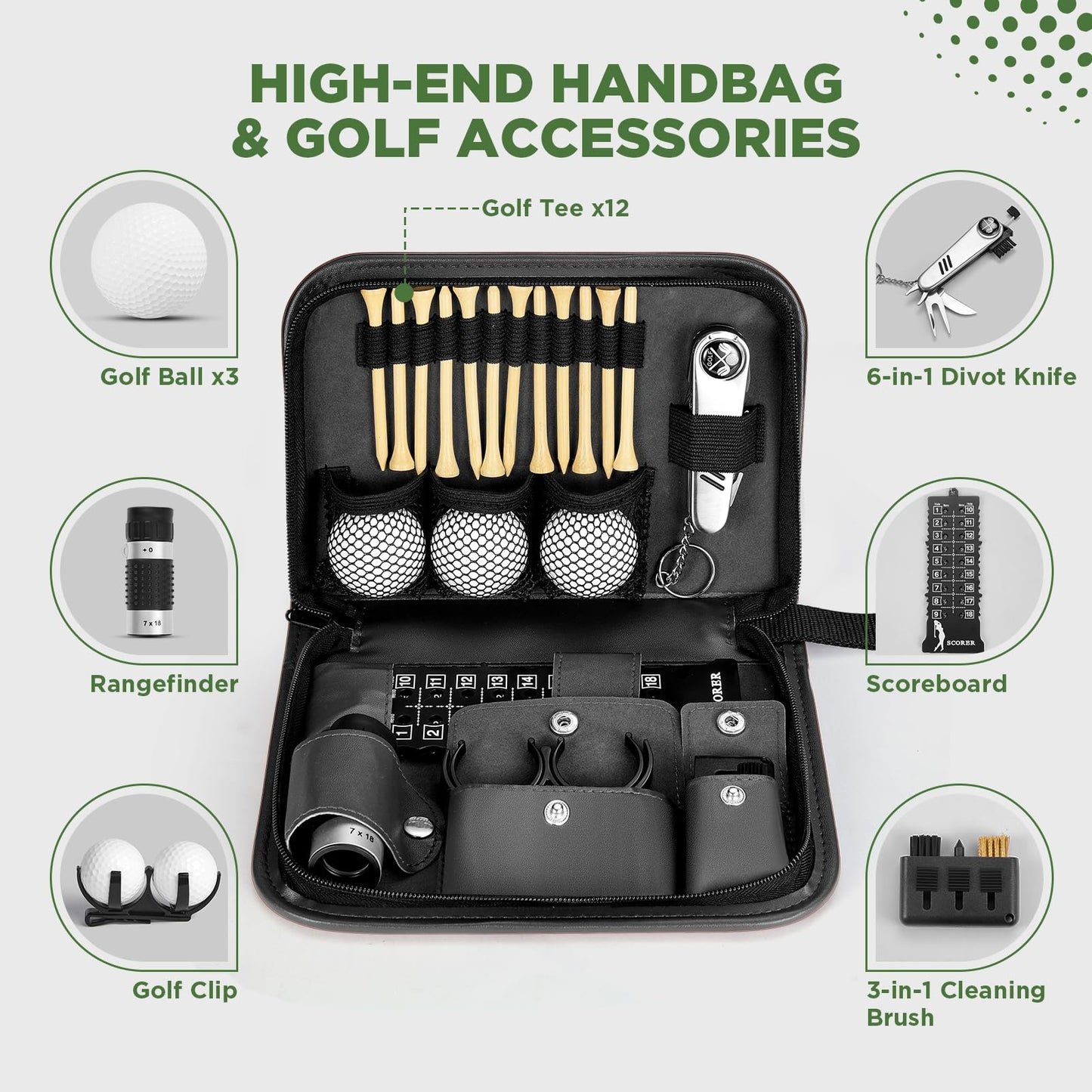 SANLINZOM Golf Accessories for Men and Women for Golfers, Accessories Set in Hi-End PU Case with Golf Balls, HD Rangefinder, Golf Tees, Cleaning Brush, Divot Knife, Scorer, Golf Ball Clamp (Black)