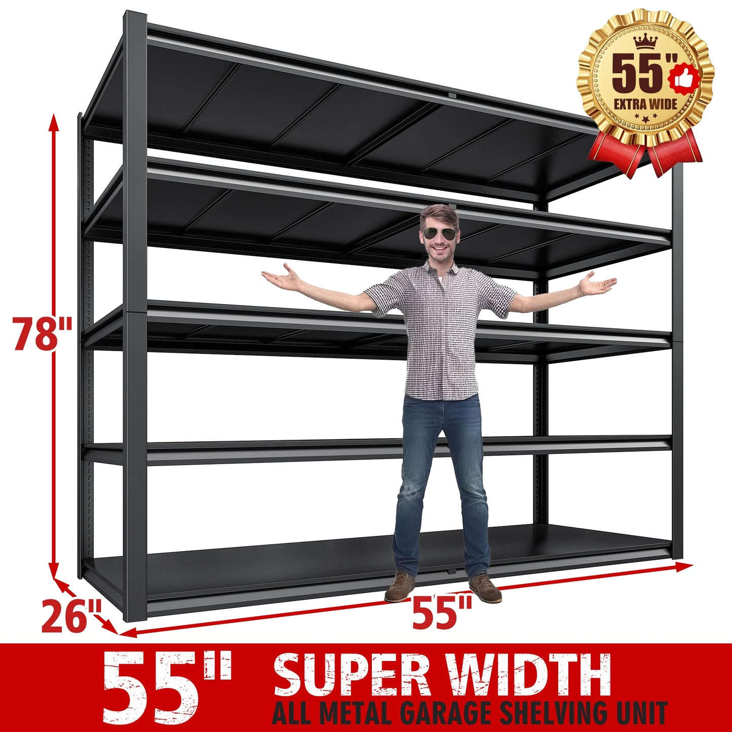 REIBII 78" H Garage Shelving, Storage Shelves Heavy Duty Load 3000LBS, Adjustable Heavy Duty Shelving, 5 Tier Metal Shelving Unit for Storage Rack, Basement, 55" W x 26" D x 78" H, Black